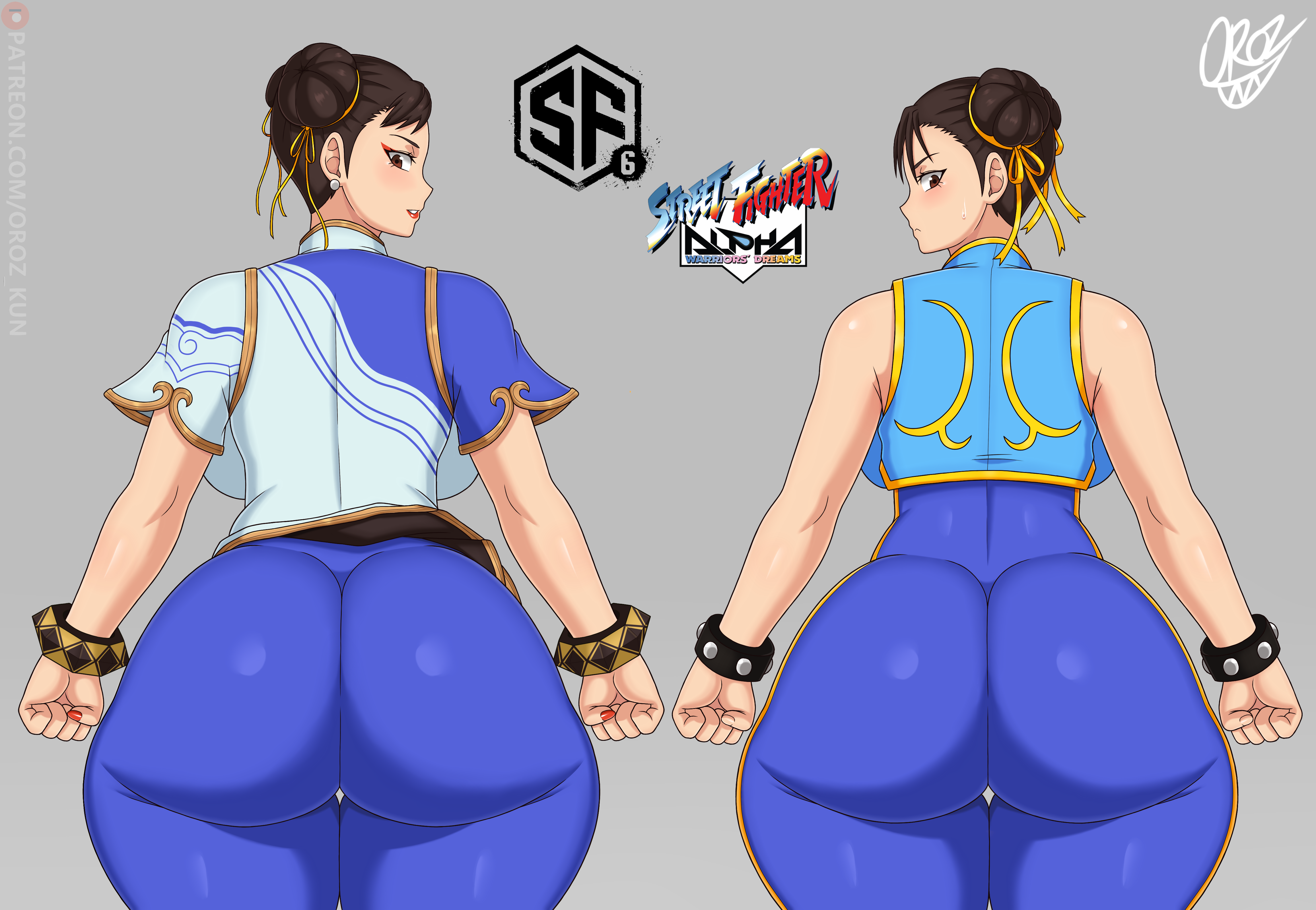 2girls, absurdres, artist name, ass, ass focus, back, backboob, breasts, brown hair, capcom, chun-li, female, female only, fully clothed, highres, hip dips, huge ass, huge breasts, logo, looking back, mature female, multiple females, multiple girls, orange eyes, oroz-kun, simple background, street fighter, street fighter 6, street fighter alpha