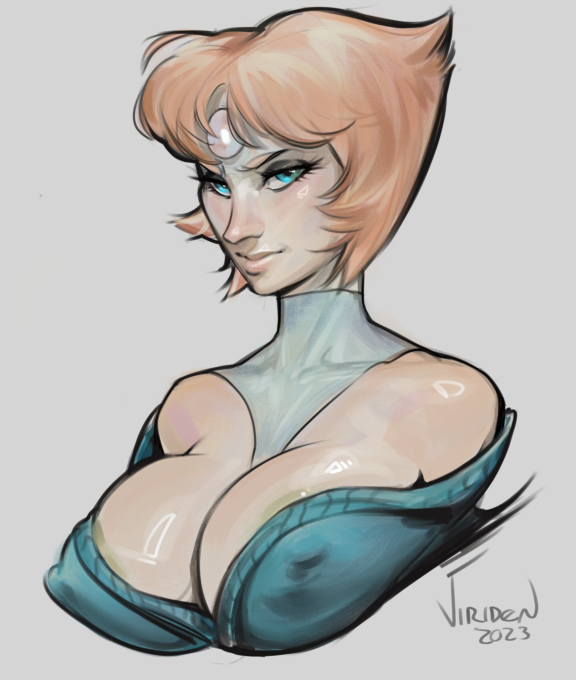 1girls, breasts, busty, cleavage, female, large breasts, nipples visible through clothing, pearl (steven universe), portrait, short hair, solo, steven universe, viriden