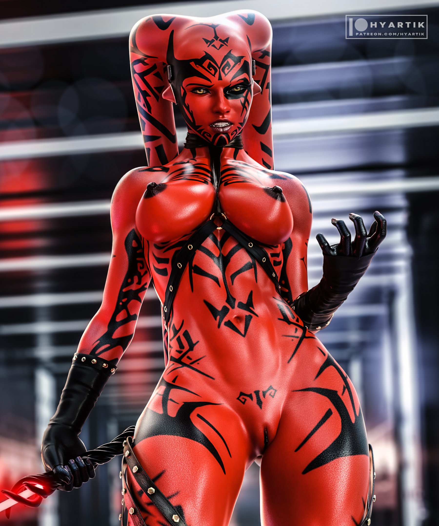 3d, 3d (artwork), abs, alien, alien girl, armor, athletic, athletic female, big breasts, black gloves, body markings, breasts, casual, choker, completely naked, completely nude, dark skin, darth talon, female, gloves, hyartik, latex gloves, lekku, lightsaber, naked, naked female, nude, nude female, nudist, pussy, red lightsaber, red skin, sith, solo, solo female, star wars, tattoo, tattoos, thick thighs, topless, twi'lek, vagina, weapon