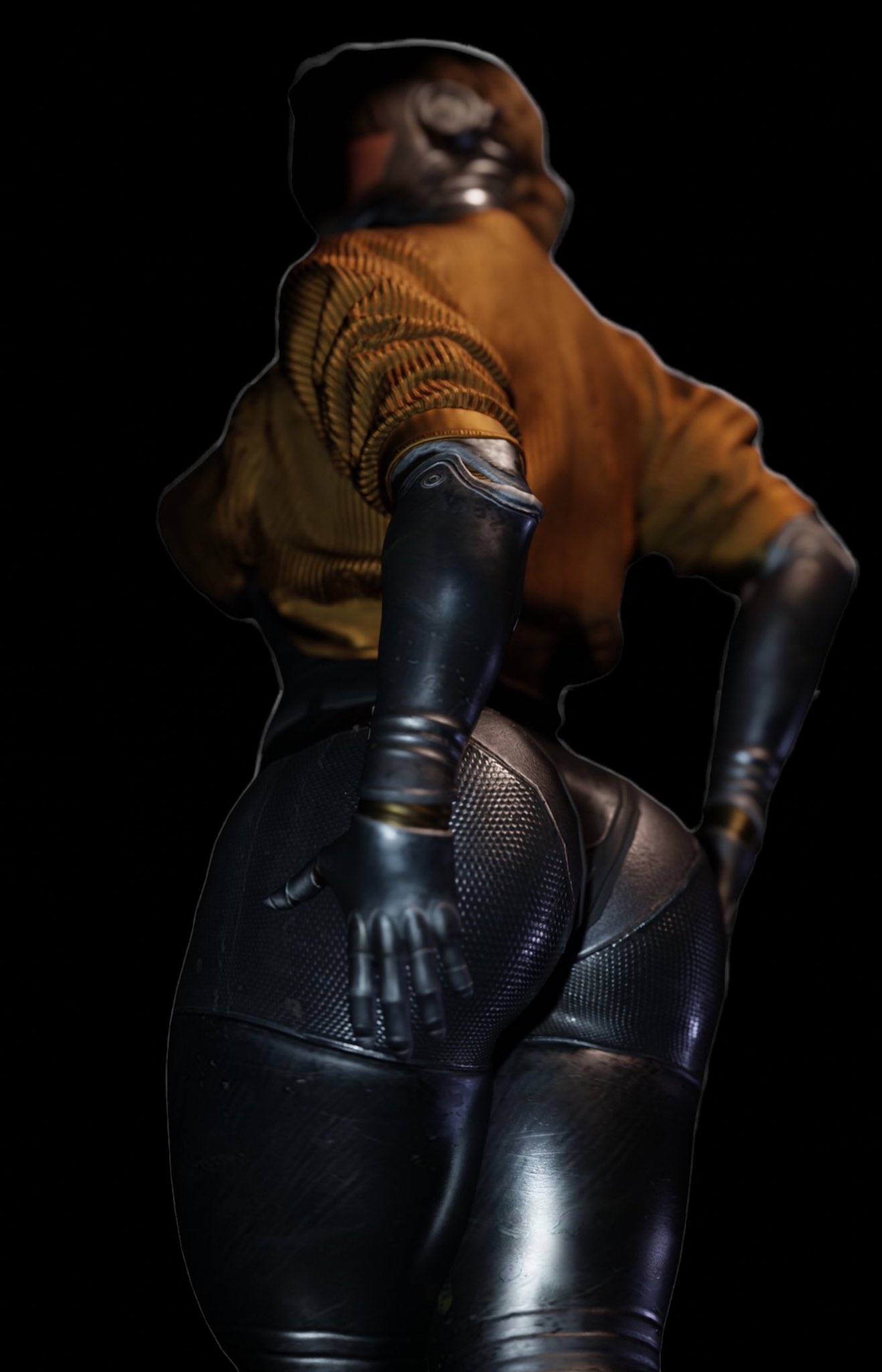 1girls, 3d, ass, atomic heart, blonde hair, bottomless, breasts, clothing, female, from behind, from below, hand on ass, humanoid, jacket, left (atomic heart), solo, solo female, the twins (atomic heart)