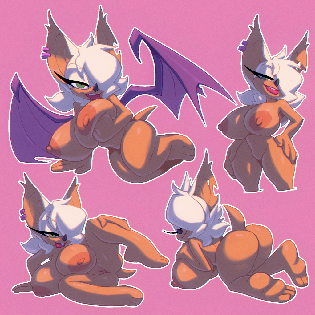 2023, anthro, areola, ass, bat, bat wings, big areola, big breasts, big nipples, bigdad, black nose, breasts, chiropteran, dyed-hair, feet, female, genitals, green eyes, hair, hi res, huge areola, huge breasts, huge nipples, lips, lipstick, looking at viewer, makeup, mammal, membrane (anatomy), membranous wings, navel, nipples, nude, pinup, pose, pussy, rouge the bat, sega, short tail, simple background, smile, smiling at viewer, solo, sonic (series), sonic the hedgehog (series), tail, thick lips, white hair, wings