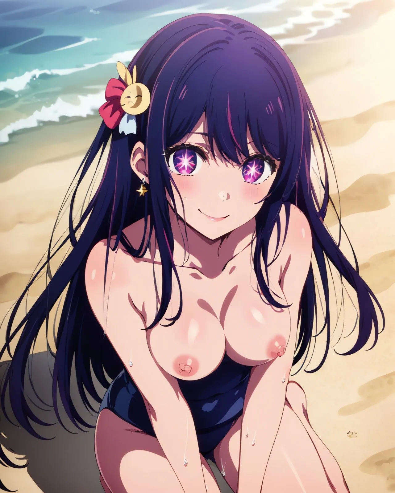 ai generated, areolae, beach, blush, breasts, breasts out, earrings, female, hair between eyes, hair ornament, hoshino ai, long hair, looking at viewer, medium breasts, nipples, oshi no ko, purple hair, sitting, sitting on ground, smile, smiling, smiling at viewer, star eyes, star shaped pupils, swimsuit, swimsuit aside