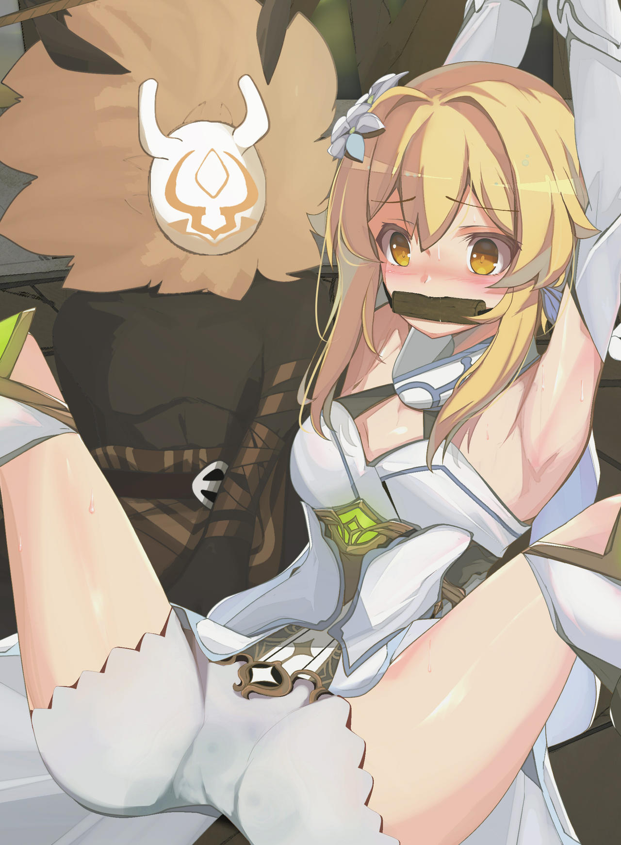 arms above head, bit gag, blonde hair, blush, bondage, female, gag, gagged, genshin impact, hilichurls (species), legion3498, lumine (genshin impact), spread legs, yellow eyes