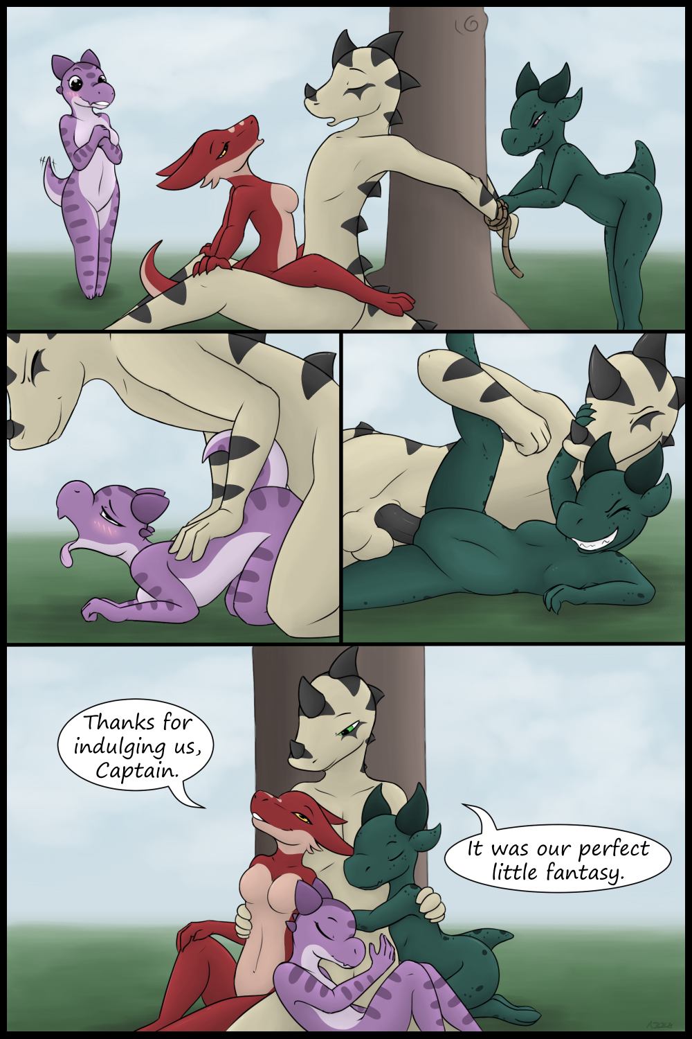 anthro balls breasts comic creature71 doggy_style dominant dominant_female female from_behind_position genitals group hi_res kobold lizard male male/female penis reptile rope scalie sex size_difference smaller_female speech_bubble