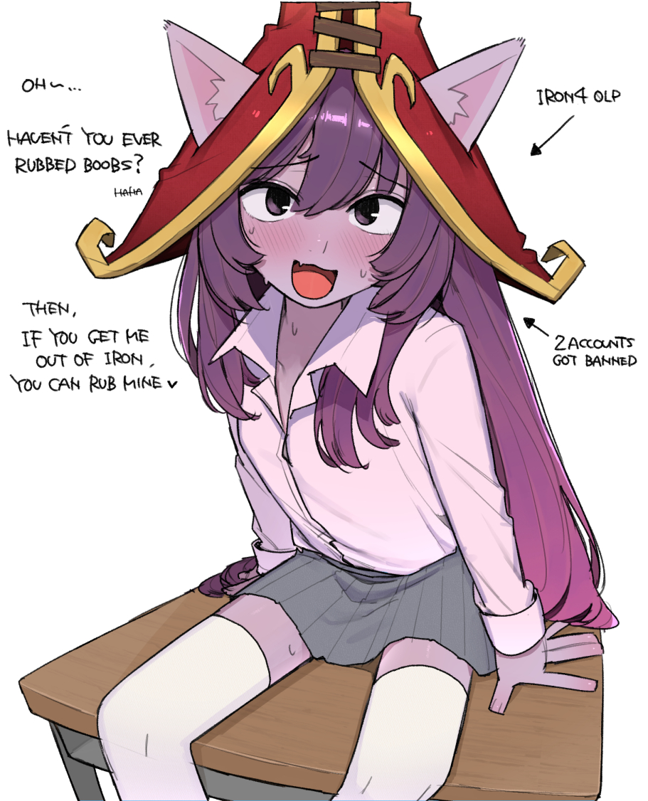 :3, 1girls, animal ears, blush, breasts, clothed, cute fang, desk, dialogue, dress shirt, female, gradient hair, hat, league of legends, looking at viewer, lulu the fae sorceress, ohasi, petite, pleated skirt, purple body, purple eyes, purple hair, school uniform, shirt, sitting, sitting on desk, skirt, small breasts, smile, socks, solo, sweat, text, thighhighs, white background, white legwear, white shirt, white thighhighs, yordle