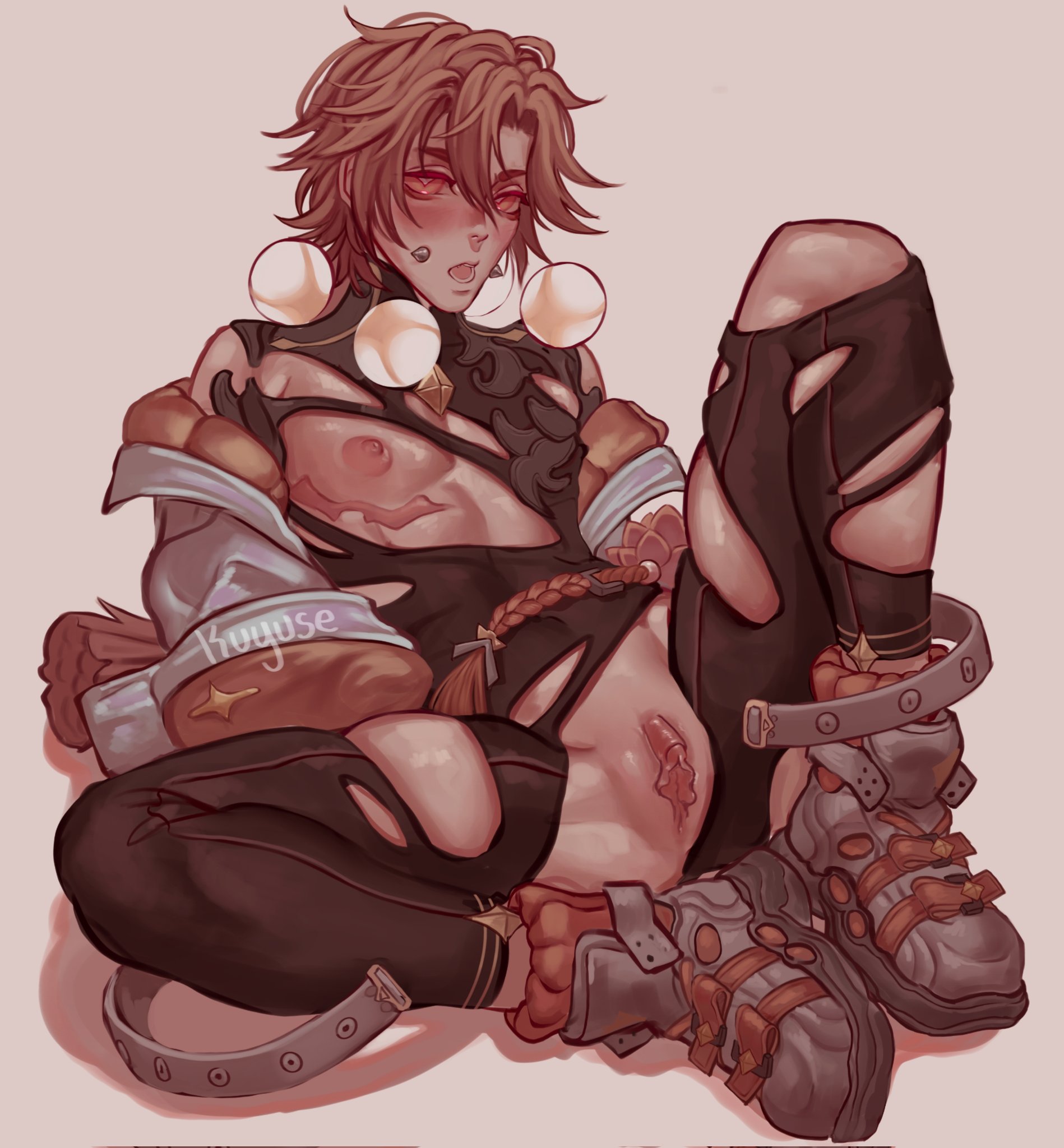 1boy, cuntboy, dislyte, human, intersex, kuyuse, male, male focus, male only, muscular, muscular cuntboy, muscular male, pussy, scar, solo, tang xuan, torn clothes