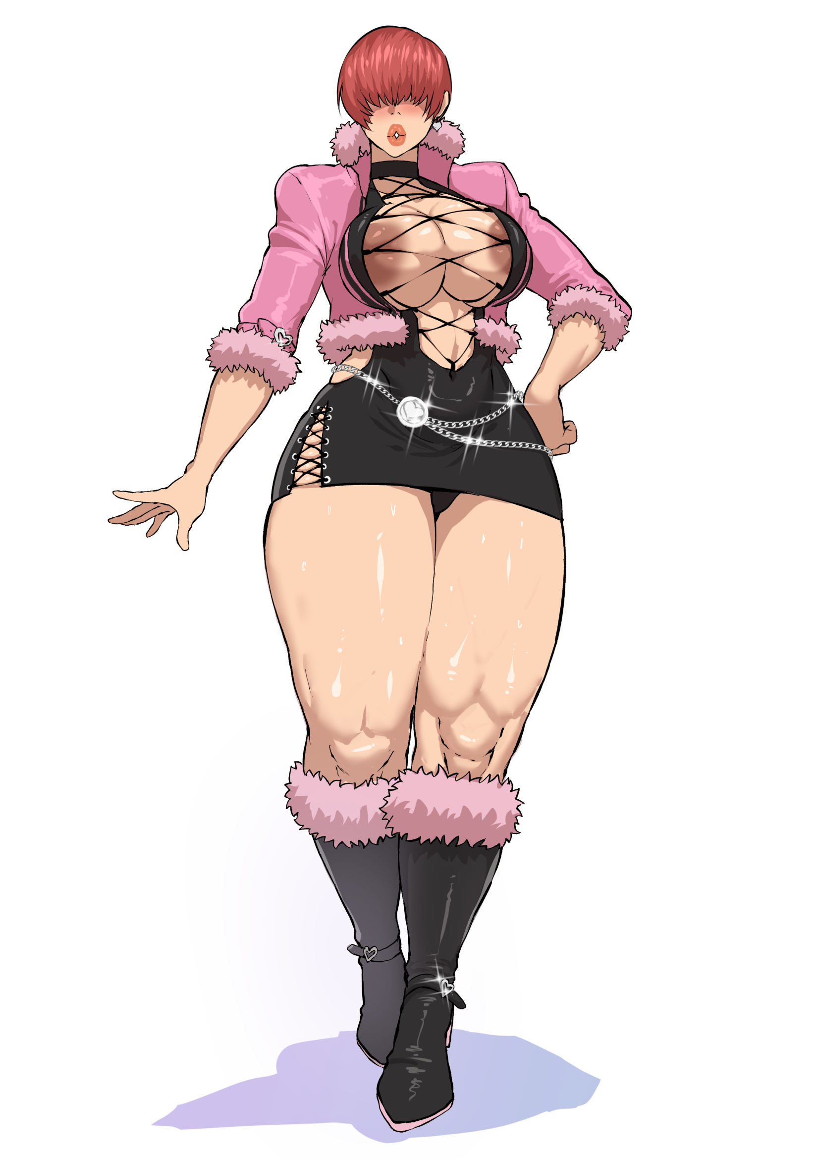 1girls, areola slip, areolae, big breasts, breasts, cyberboi, female, female only, hair covering eyes, hair over eyes, king of fighters, perfect legs, shermie (kof), shiny skin, short hair, solo, thick thighs, thighs, thighs together, thunder thighs, white background