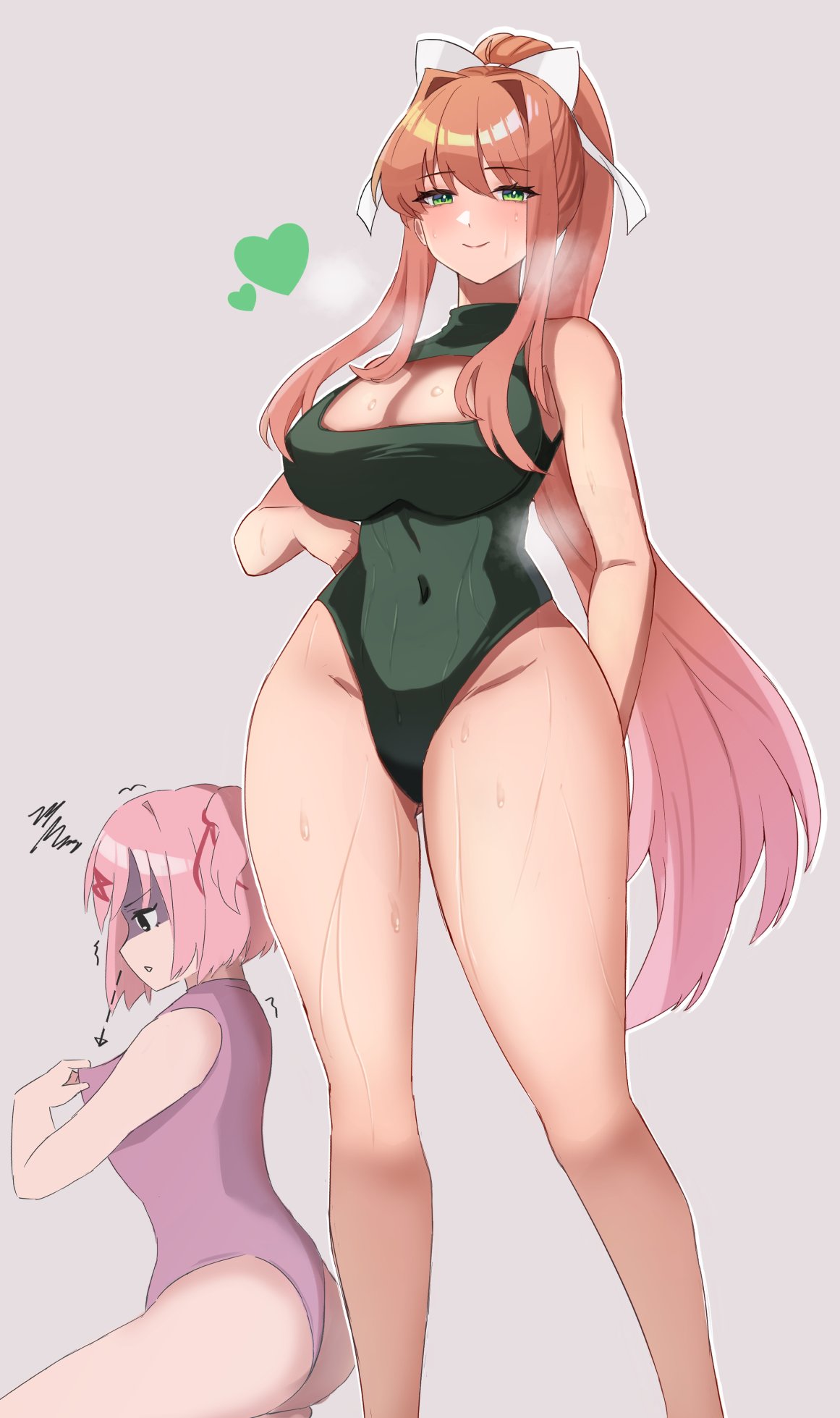 2022, 2girls, angry, annoyed, ass, big ass, big breasts, big hips, bigger female, blush, boob window, breast envy, breasts, brown hair, comparing, comparing breasts, crouching, curvy, doki doki literature club, duo, female, female only, green clothing, green eyes, green swimsuit, grey background, hair ornament, hair ribbon, heart, hearts around head, hi res, human, jealous, long hair, looking at viewer, monika (doki doki literature club), motion lines, multiple females, multiple girls, musk clouds, natsuki (doki doki literature club), navel, navel visible through clothes, no sex, pink clothing, pink eyes, pink hair, pink swimsuit, short hair, sitting, small breasts, smaller female, smile, smiling, smiling at viewer, soaked, standing, sweat, sweatdrop, sweating, swimsuit, thick thighs, thigh gap, thighs, tight clothing, waffler kekw, water, water drop, white bow, white ribbon