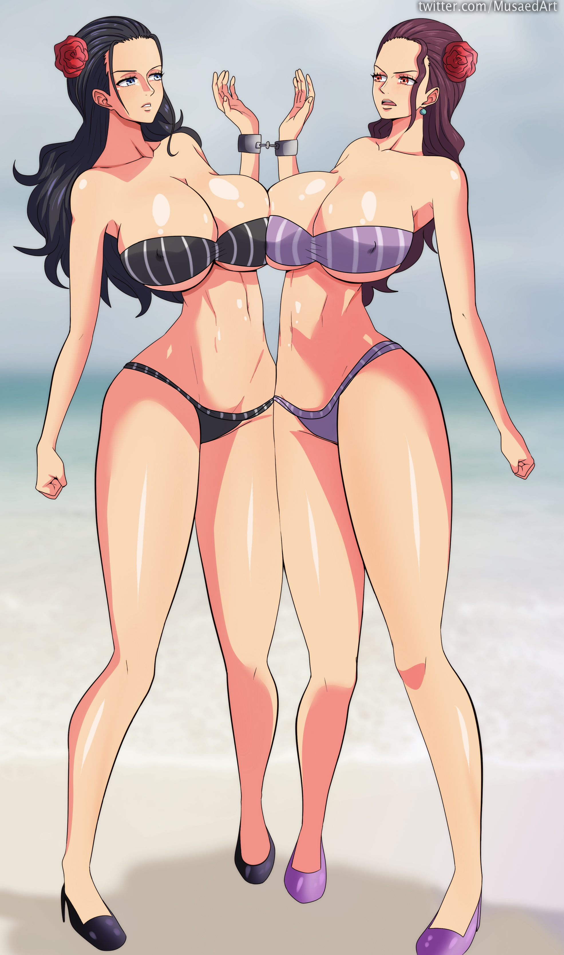 2girls, absurdres, black hair, black-haired female, breasts, brown hair, brown-haired female, cleavage, female, female only, highres, huge breasts, large breasts, multiple females, multiple girls, musaed art, nico robin, one piece, post-timeskip, viola (one piece)