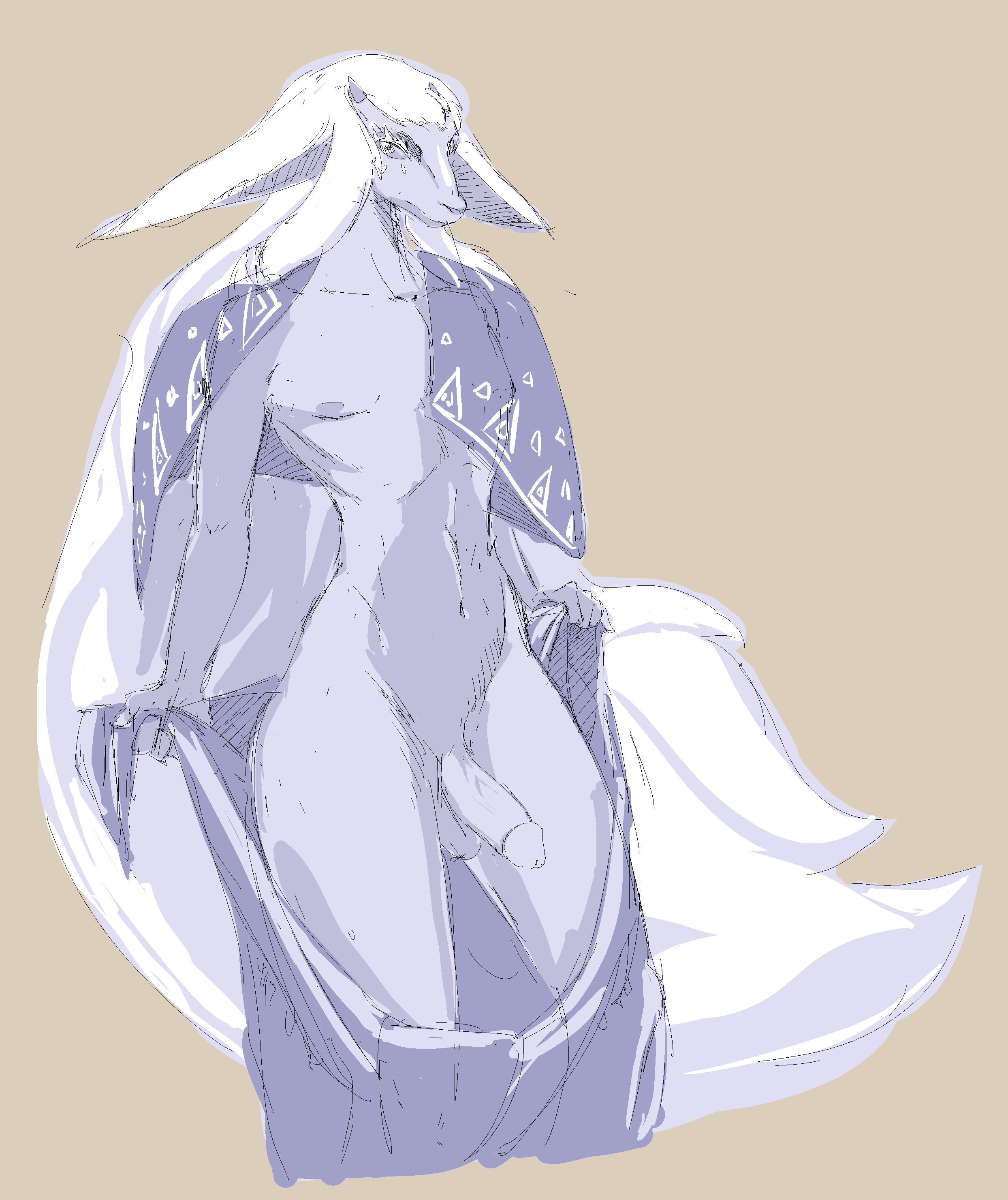 anthro, furry, goat, humanoid genitalia, humanoid penis, looking at viewer, male, male only, monochrome, naked, penis, rauru (tears of the kingdom), sketch, solo, solo anthro, solo male, tears of the kingdom, the legend of zelda, zonai