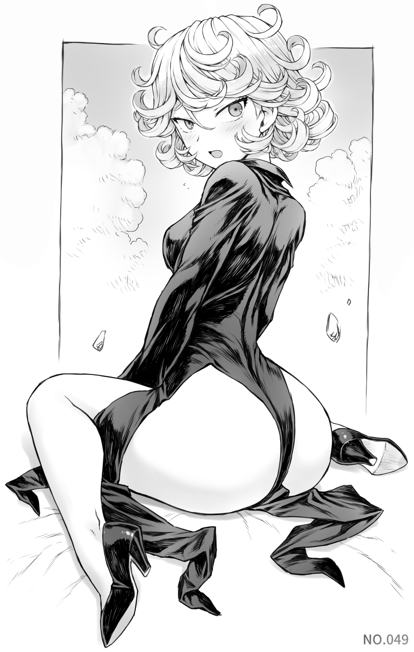 1girls, ass, black and white, blush, blushing, blushing at viewer, female, high heels, looking at viewer, looking back, mogudan, monochrome, one-punch man, revealing clothes, short dress, short hair, tatsumaki