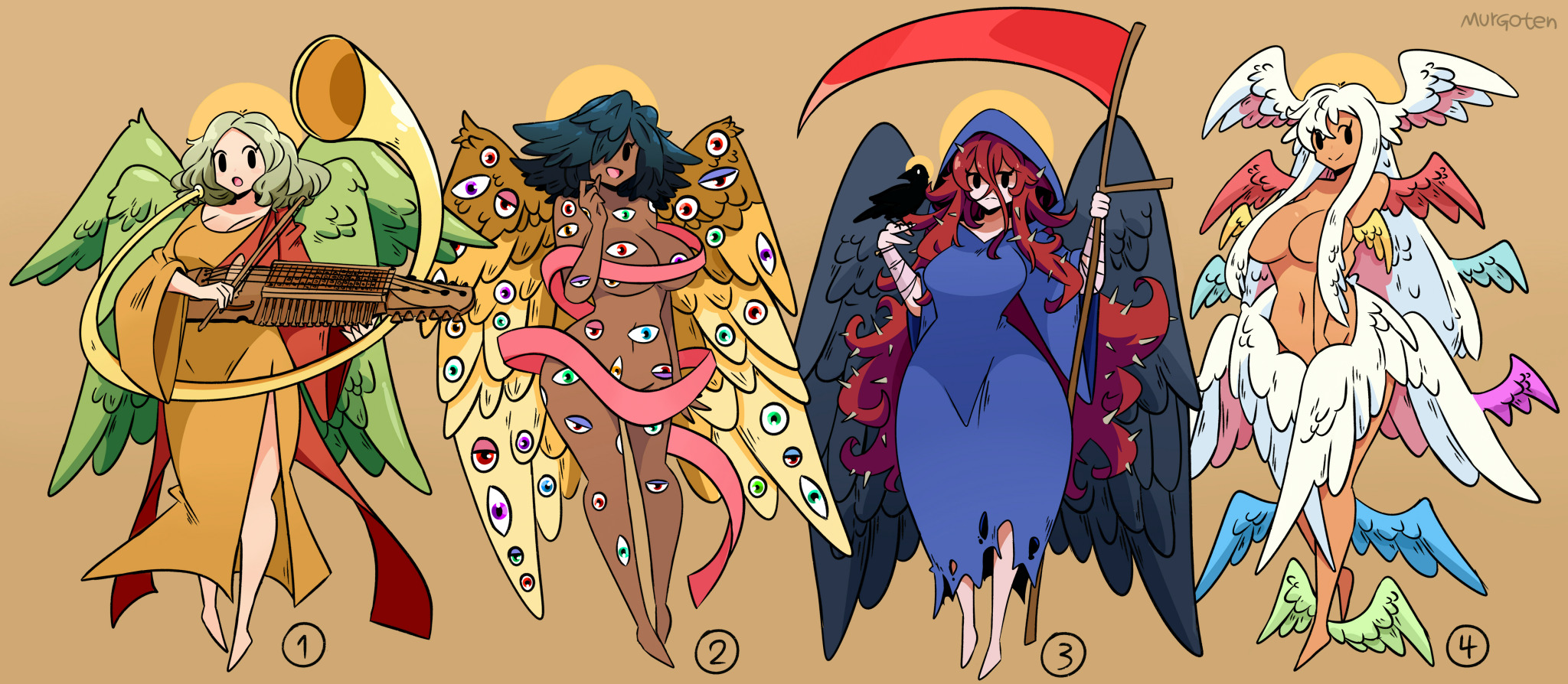 4girls, angel, angel wings, bible, biblically accurate angel, big breasts, breasts, cleavage, clothed female nude female, convenient censoring, dark skin, dark-skinned female, eyes, female, female only, hi res, instrument, light skin, light-skinned female, long hair, murgoten, scythe, smile, tanned skin, underboob