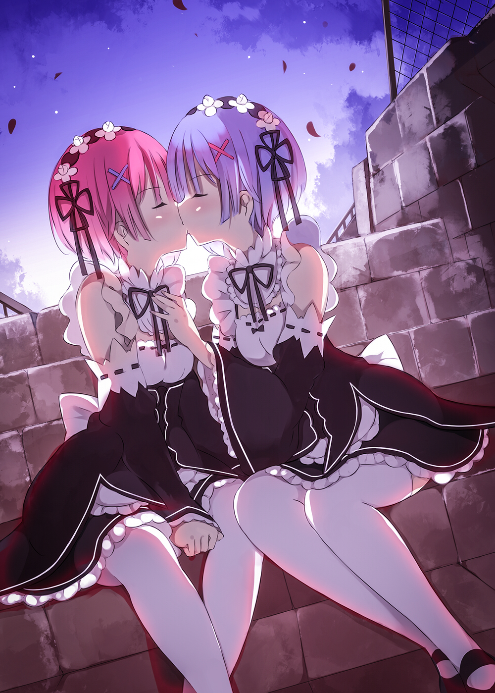 2girls, apron, blue hair, breasts, brick, closed eyes, detached sleeves, female, female only, hand on own chest, incest, kissing, maid, maid apron, maid headdress, maid uniform, mary janes, multiple females, multiple girls, outside, pink hair, ram (re:zero), re:zero kara hajimeru isekai seikatsu, rem (re:zero), senya fuurin, short hair, siblings, sister, sisters, sitting, small breasts, thighhighs, twincest, twins, x hair ornament, yuri