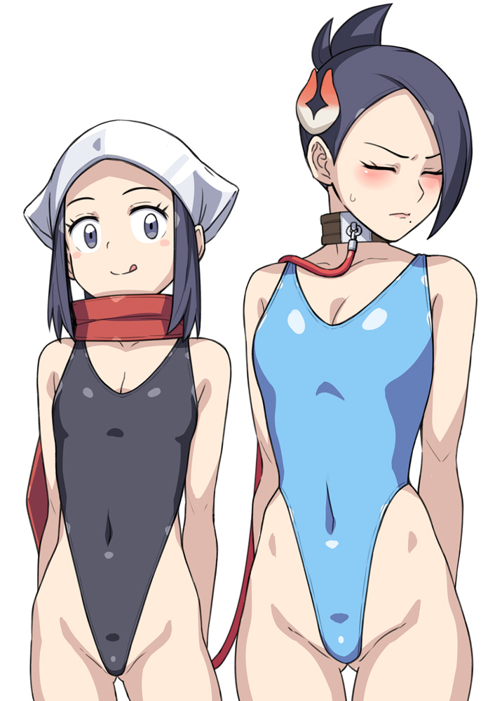 2girls akari_(pokemon) black_hair black_leotard blue_eyes blue_leotard breasts closed_eyes collar female female_only hai_(h81908190) haigure_pose hair_ornament head_scarf headscarf highleg highleg_leotard leash leotard looking_at_viewer mai_(pokemon_legends) medium_breasts nintendo pokemon pokemon_legends:_arceus ponytail red_scarf scarf yuri