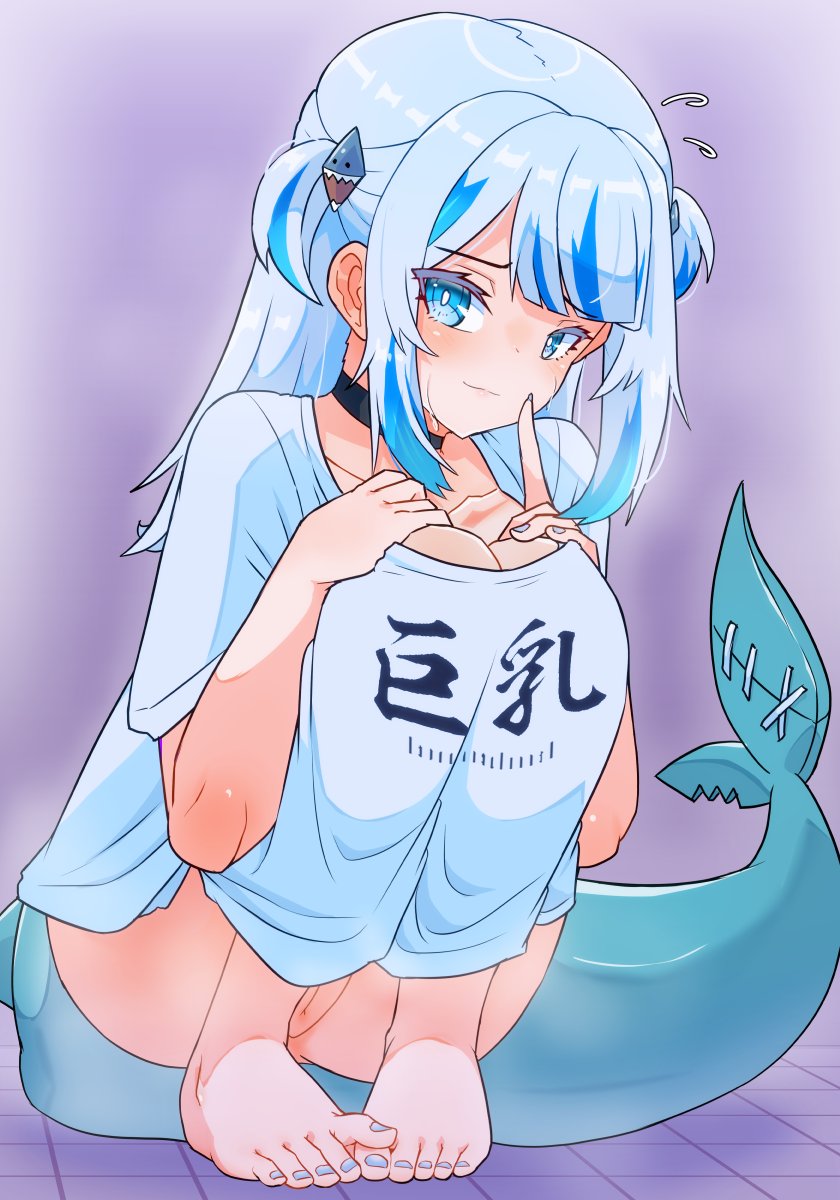 ass barefoot blue_eyes blue_hair blue_nails blue_toenails blunt_bangs blush bottomless breasts choker cute fake_breasts feet female fins fish_tail gawr_gura highres hololive hololive_english hololive_myth knee_boobs knees knees_to_chest long_hair looking_at_viewer medium_hair moral_cacoethes multicolored_hair nail_polish nails naked_shirt pussy shark_girl shark_tail shirt shy smile solo streaked_hair tail two_side_up uncensored virtual_youtuber