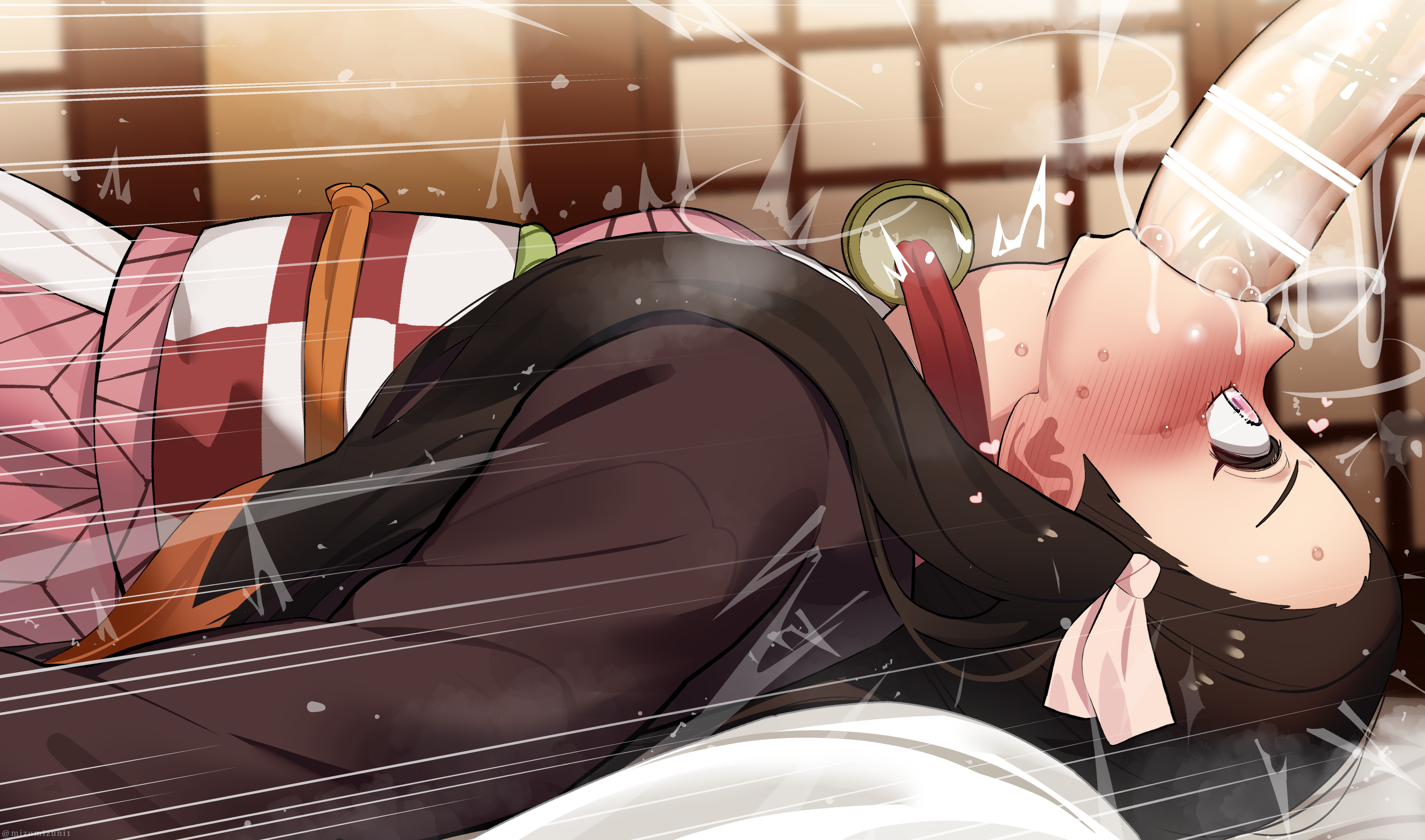 1boy, 1girls, black hair, blowjob, censor bar, censored, censored penis, deepthroat, demon slayer, face fucking, fellatio, female, female penetrated, gagging, human, irrumatio, kamado nezuko, kimetsu no yaiba, kimono, male, male penetrating, male penetrating female, male/female, mizumizuni, on back, oral, oral penetration, oral sex, penis, rape, sex, straight, throat bulge, throat fuck, throat swabbing, upside-down, wide eyed