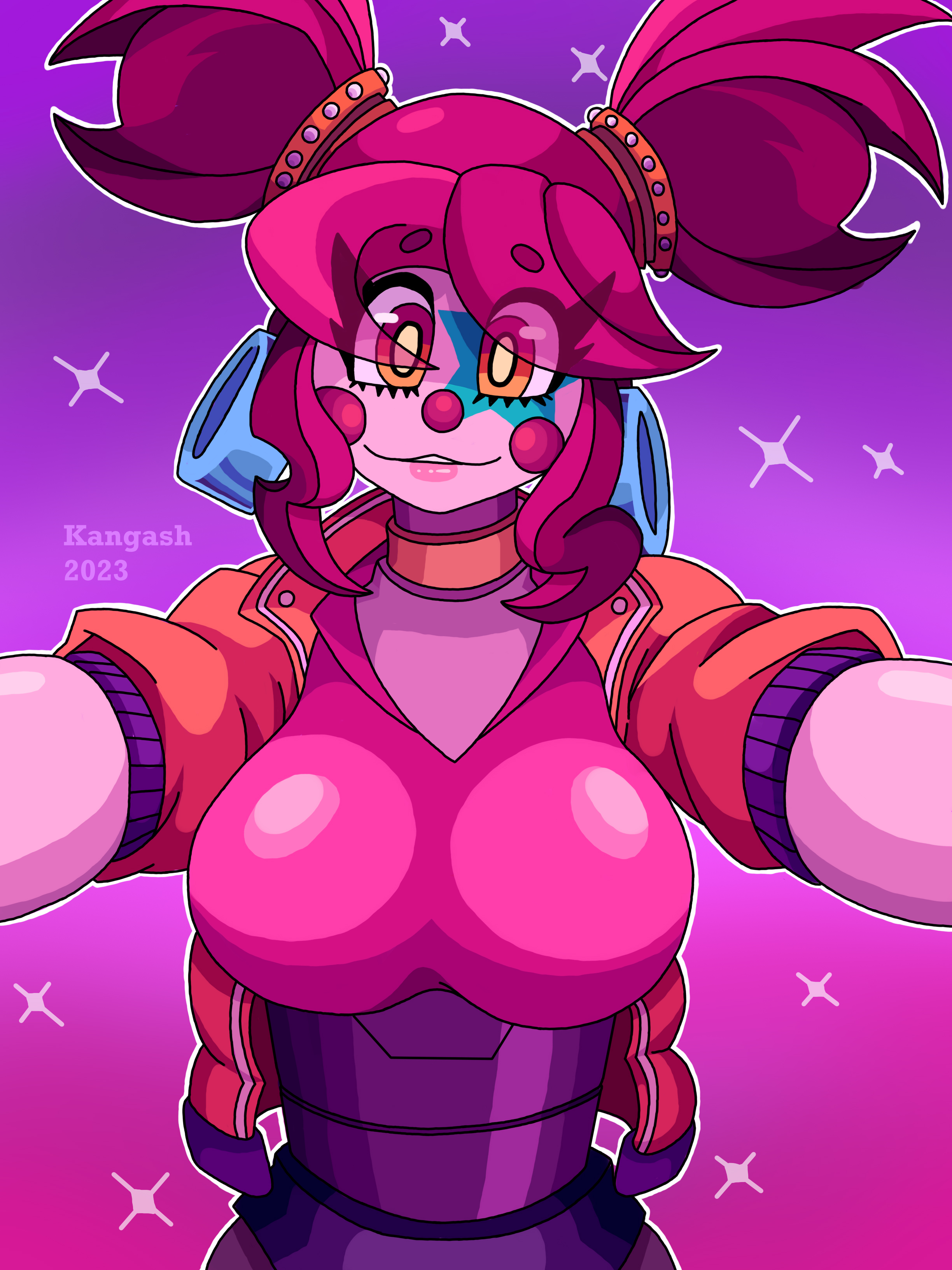 baby (fnafsl), big breasts, breasts, circus baby, circus baby (fnaf), female, five nights at freddy's, glamrock baby, green eyes, kangash, pink body, pov, pov eye contact, red hair, scottgames, smile, solo