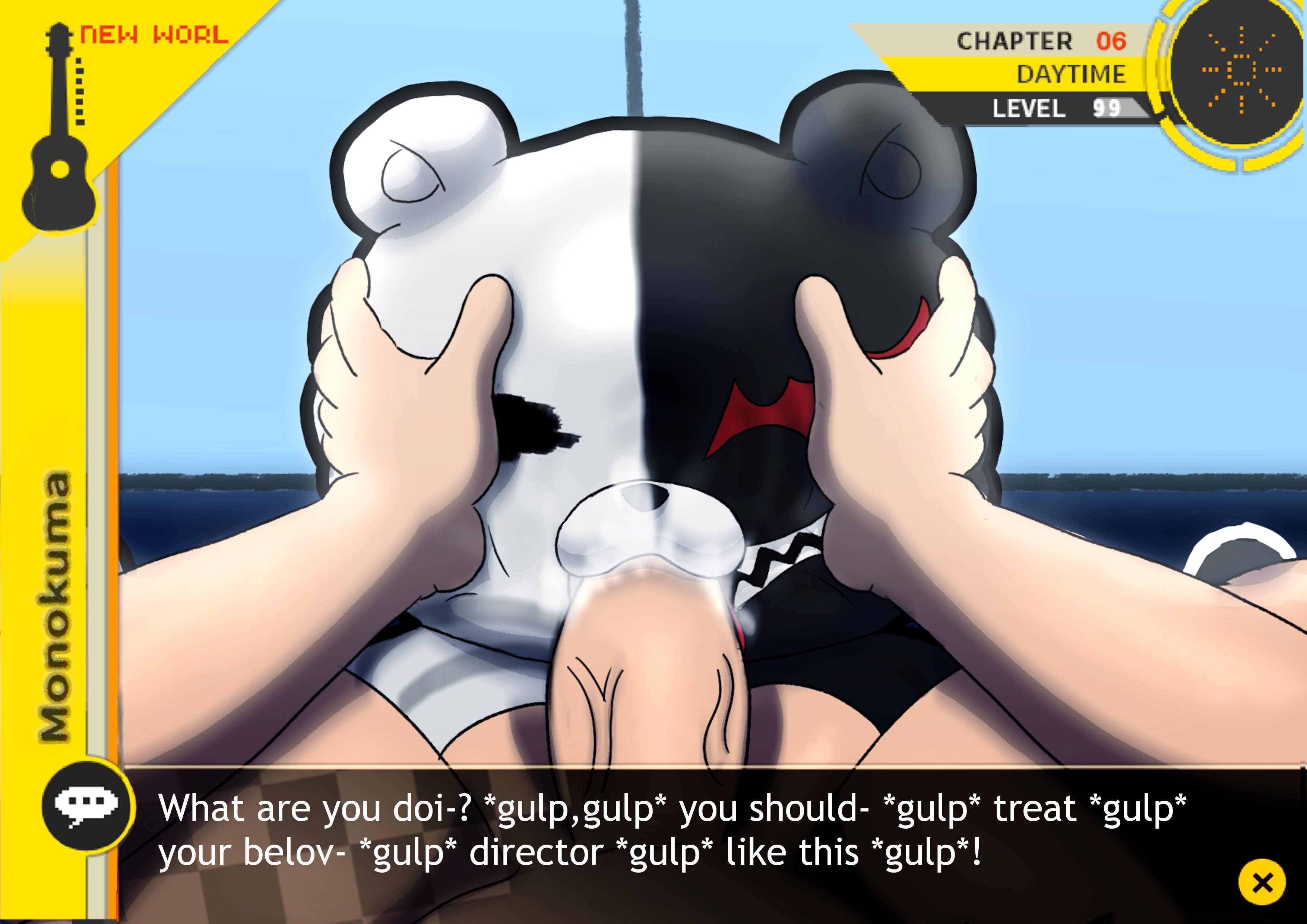2boys, balls, bear, bear ears, big penis, black fur, blowjob, danganronpa, dialogue, male, male only, monokuma, nekoni, penis, red eyes, saliva, saliva on penis, saliva trail, straight hair, text, text box, white fur