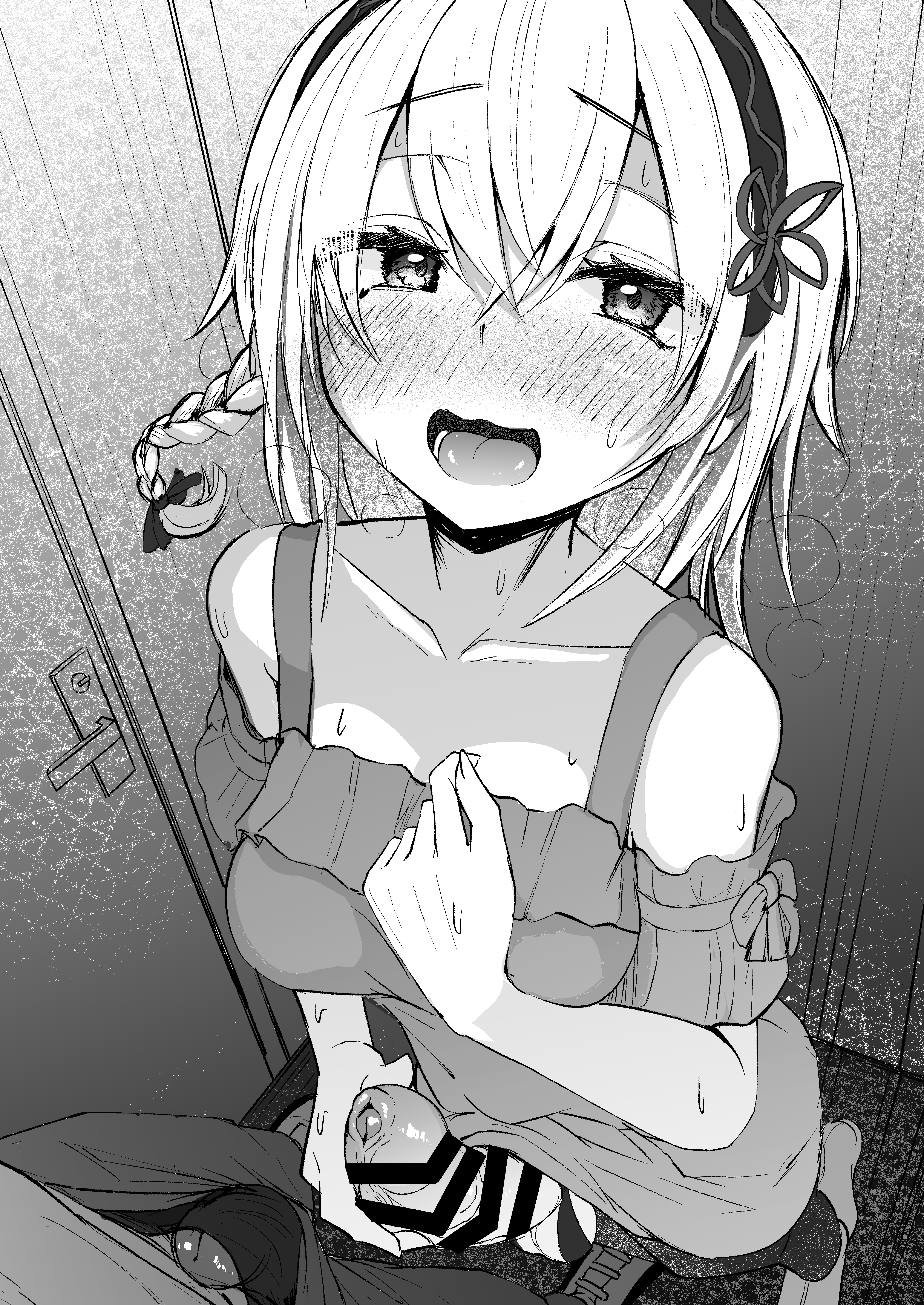 1futa, akiamare, blush, censored, foreskin, futanari, human, intersex, light skin, light-light skin, light-skinned futa, monochrome, mostly clothed, penis, tagme, uncircumcised