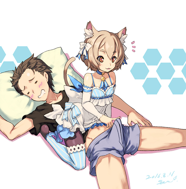 2boys, animal ears, animal tail, blue dress, boner, cat boy, cat ears, cat tail, catboy, dress, drool, drooling, felix argyle, femboy, gay, male, male focus, male only, natsuki subaru, re:zero kara hajimeru isekai seikatsu, sleeping, yaoi