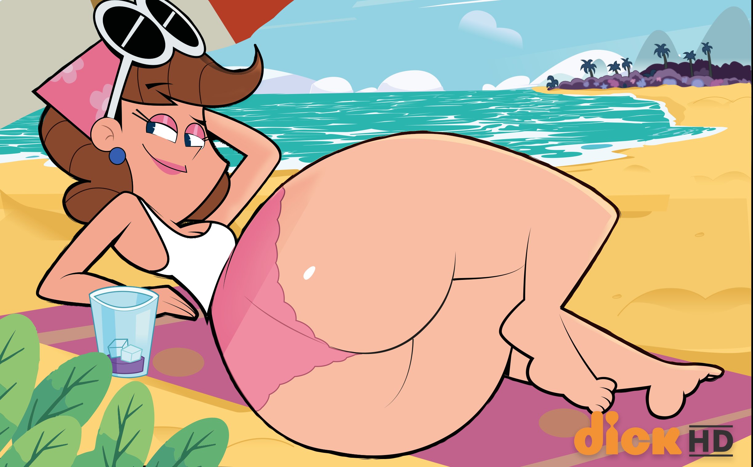 1girls, ass, beach, big ass, big butt, brown hair, eyelashes, eyeshadow, eyewear on head, fat ass, female, female only, gosgoz, large ass, light skin, light-skinned female, lipstick, looking at viewer, looking back, mature female, milf, nickelodeon, partially clothed, solo, solo female, straight hair, sunglasses, sunglasses on head, swimsuit, swimwear, the fairly oddparents, thick thighs, thighs, timmy's mom, wide hips