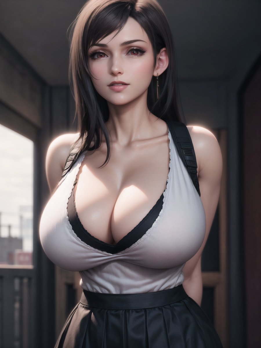 ai generated, arms behind back, bare shoulders, big breasts, black hair, breasts, cleavage, earings, female, final fantasy, final fantasy vii, fit, fit female, huge breasts, jewelry, large breasts, skirt, slim waist, tifa lockhart, xepon real