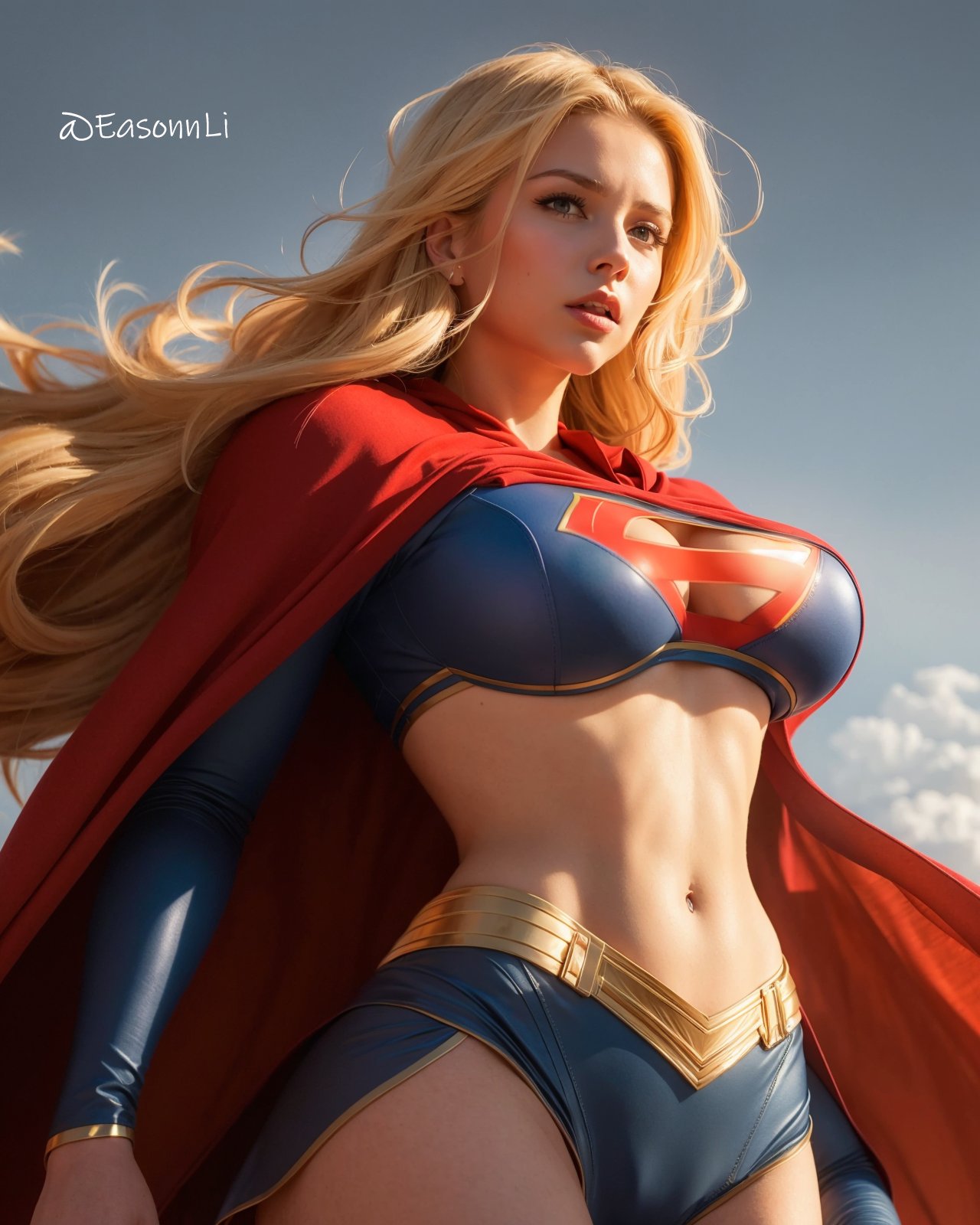abs, ai generated, ass, athletic, athletic female, big ass, big breasts, blonde hair, blue eyes, breasts, dc, dc comics, female, kara danvers, kara zor-el, muscular, muscular female, posing, pussy, solo, supergirl, superman (series), vagina