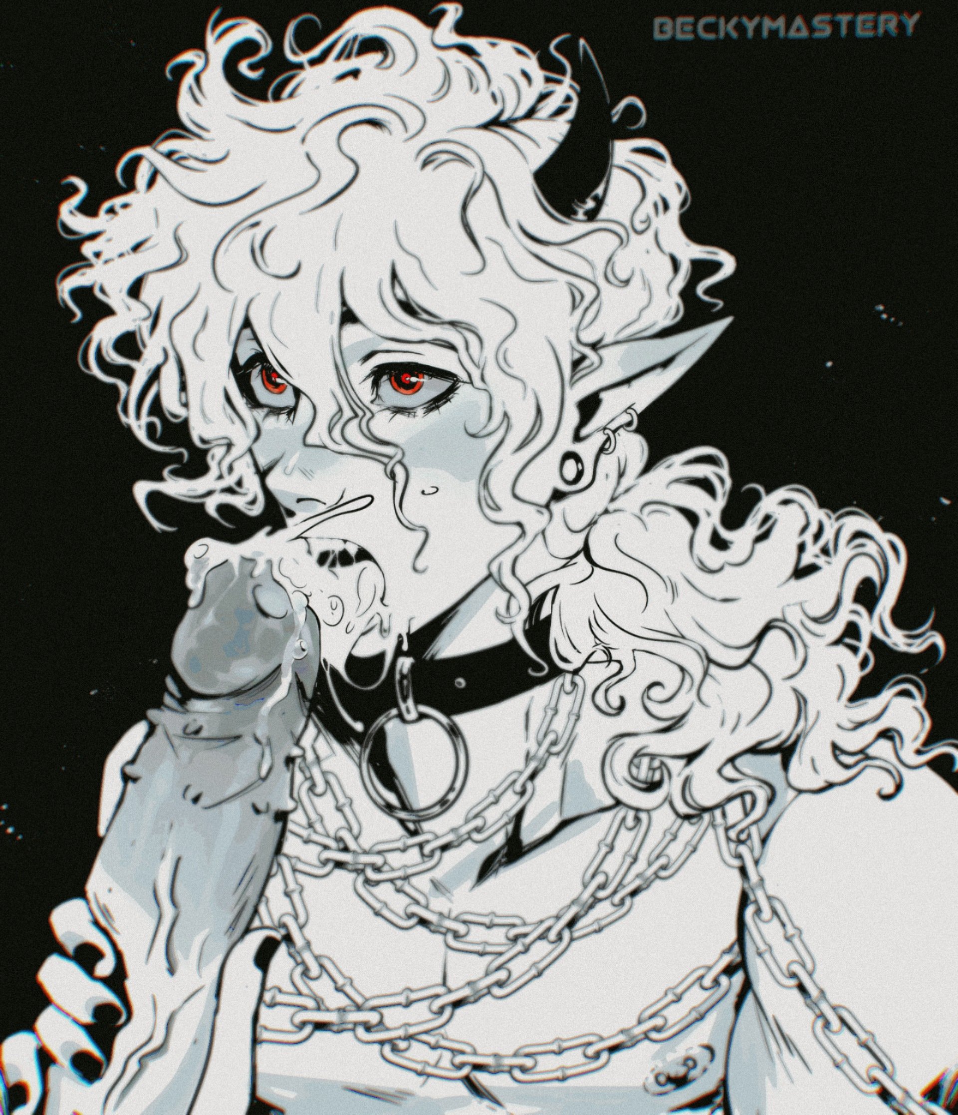 2boys, barbed penis, beckymastery (artist), chains, character request, choker, collar, cum, cum in mouth, demon, demon boy, earrings, fellatio, femboy, gay, long hair, male, male focus, male only, male/male, malesub, nipple piercing, nipple rings, nipples, penis, piercing, red eyes, sucking, sucking penis, twink, white hair, yaoi