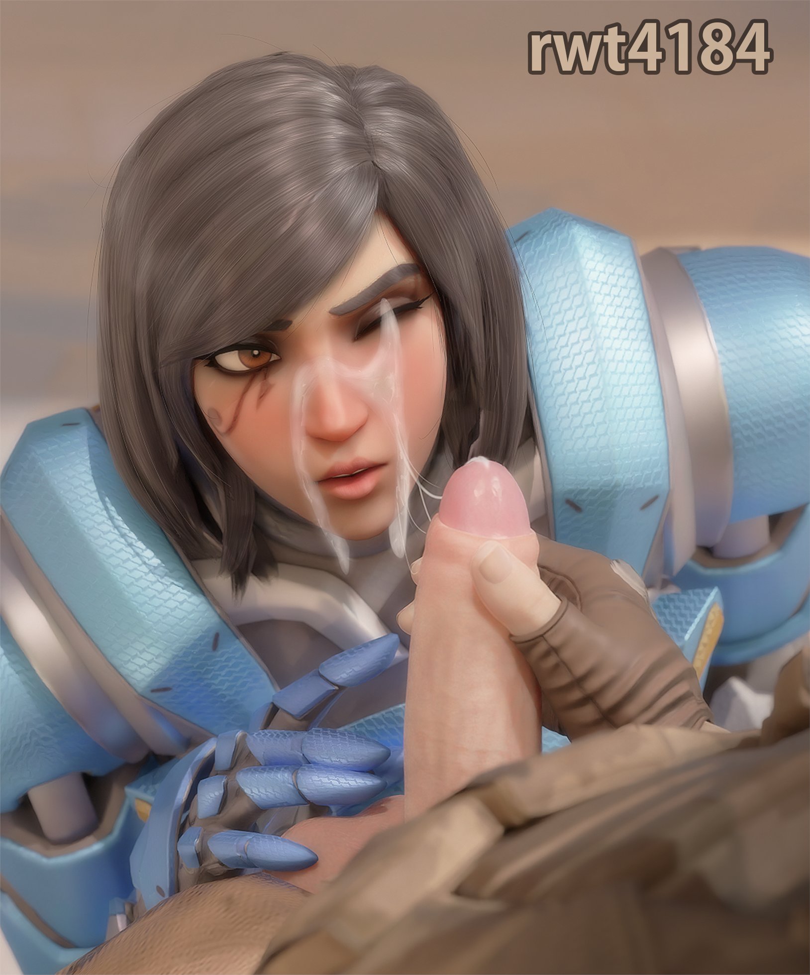 1boy, 1girls, 3d, big penis, blizzard entertainment, cum, cum on face, dark skin, dark-skinned female, dominant male, egyptian, egyptian female, facial, female, female protagonist, heroine, light skin, light-skinned male, male, on knees, overwatch, overwatch 2, partial male, penis, pharah, rwt4184, thick penis