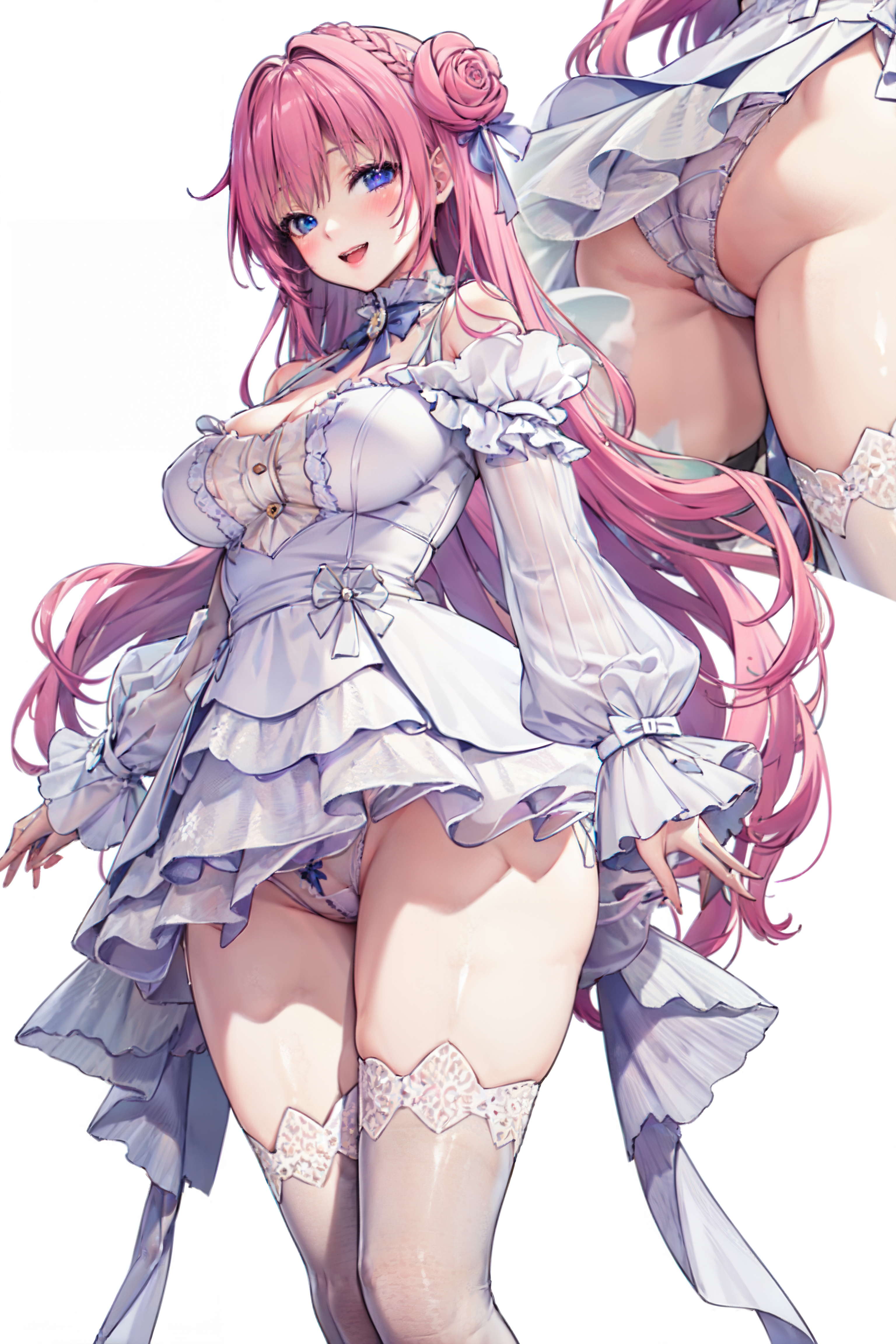 ai generated, ass, ass focus, bare shoulders, blush, breasts, cameltoe, detached sleeves, dorothy (nikke), dress, female, from behind, from below, goddess of victory: nikke, hair bun, hair ribbon, long hair, looking at viewer, medium breasts, open mouth, panties, pink hair, purple eyes, pussy, shiny, shiny clothes, shiny hair, shiny skin, short dress, skirt, smile, solo, thick thighs, thighhighs, very long hair