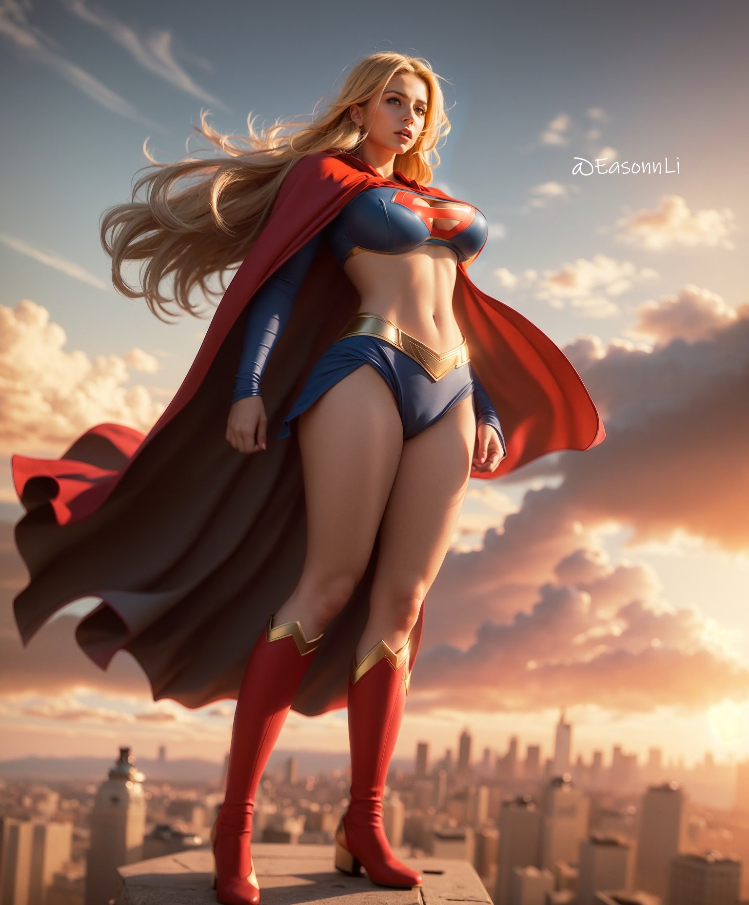 abs, ai generated, ass, athletic, athletic female, big ass, big breasts, blonde hair, blue eyes, breasts, dc, dc comics, female, kara danvers, kara zor-el, muscular, muscular female, posing, pussy, supergirl, superman (series), vagina