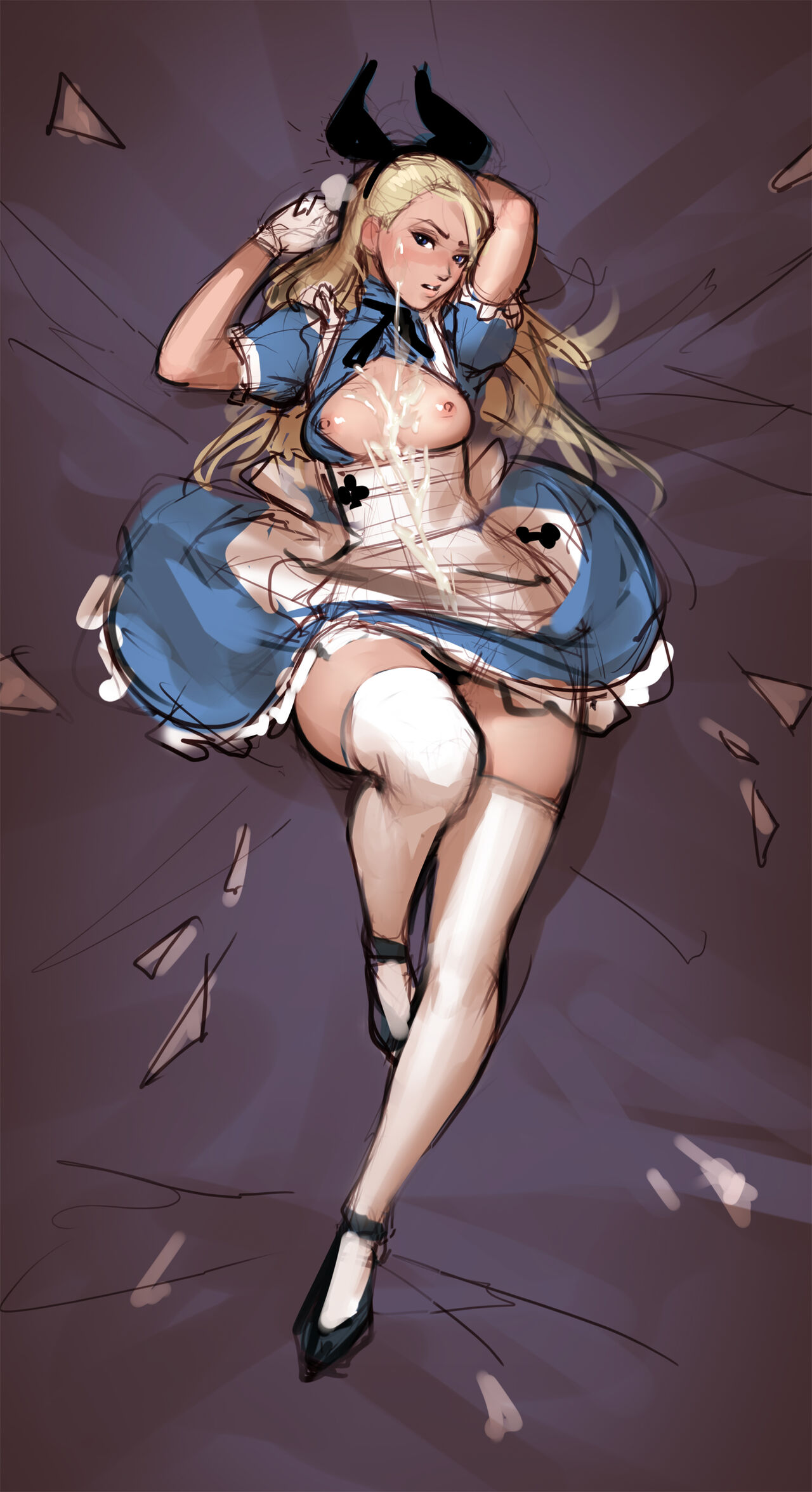 1girls alice_in_wonderland alice_liddell blonde_hair blue_dress blue_eyes breasts_out bunny_ears cum cum_on_body cum_on_breasts female gloves headband highres hourglass_figure laying_down looking_at_viewer medium_breasts solo solo_female stockings tagme tarakanovich white_stockings wide_hips