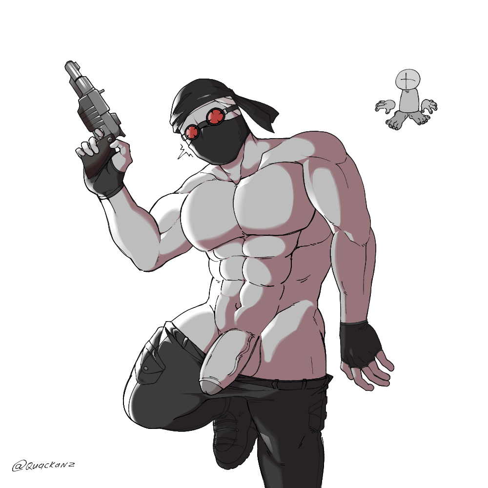 abs balls bandana big_breasts boots gloves grunt_(madness_combat) gun hank_j._wimbleton hat madness_combat pants_down penis quackanz tagme watermark