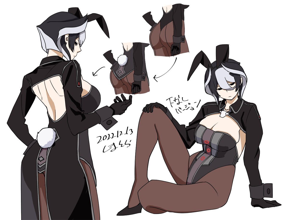 adapted costume, big breasts, black and white hair, black eyes, black gloves, breasts, bunny ears, bunny girl, bunny tail, bunnysuit, cleavage, expressionless, female, female only, full body, gloves, hair between eyes, light skin, light-skinned female, made in abyss, multiple views, ozen, pale skin, pale-skinned female, pantyhose, playboy bunny, shimatora, short hair, shrug (clothing), sideboob, sitting, solo, two-tone fur