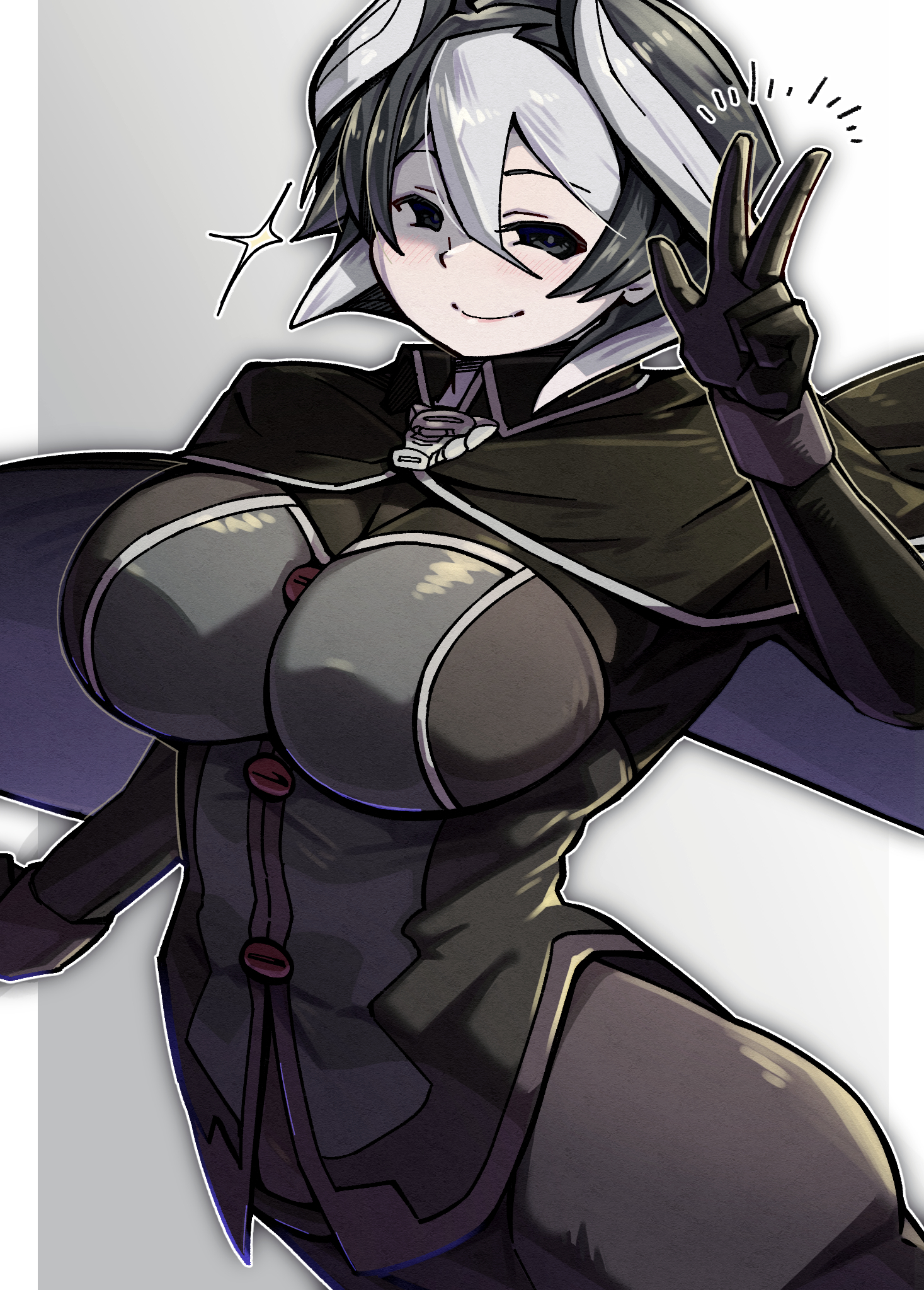 big breasts, black and white hair, black clothing, black eyes, blush, breasts, cape, female, female only, fully clothed, gloves, kingofbandit156, light skin, light-skinned female, looking at viewer, made in abyss, ozen, pale skin, pale-skinned female, short hair, smile, solo, tight clothing, two-tone hair, v, wide hips