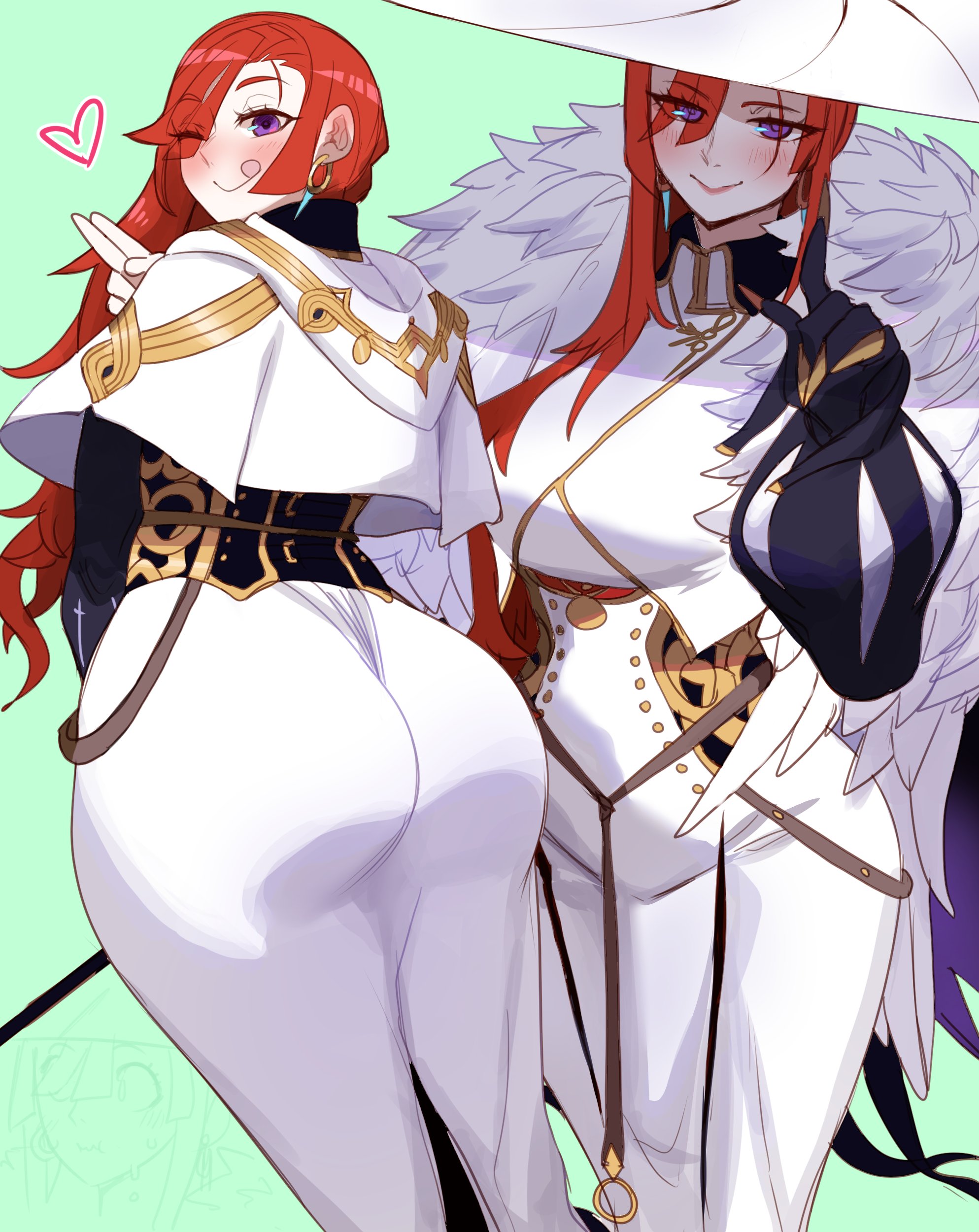 1girls, ass, asymmetrical hair, breasts, clothed, dress, fate (series), fate/grand order, female, front and back, hat, huge ass, large breasts, large hat, lightsource, long hair, miss crane (fate), red hair, thighs