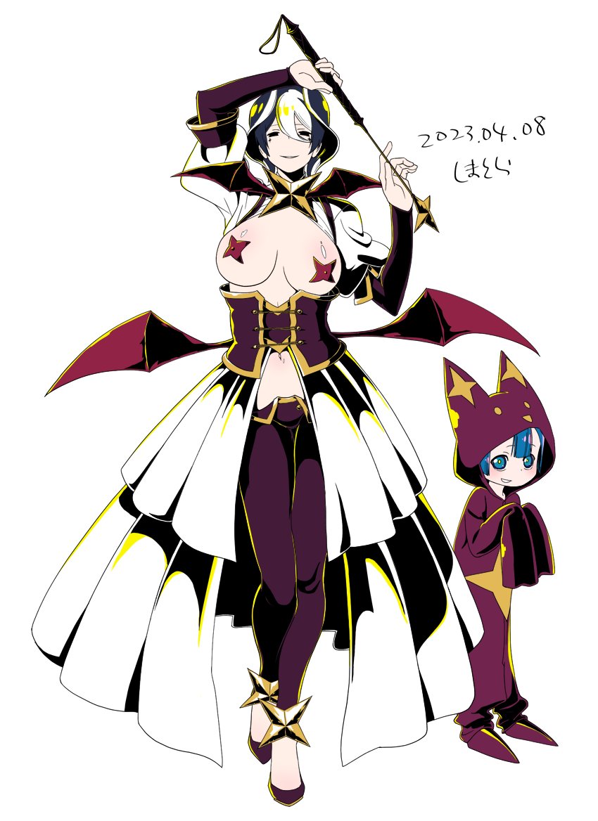 1boy 1girls alternate_costume alternate_version_available bad_censor big_breasts black_and_white_hair black_eyes black_legwear breasts_out corset covering female female_focus full_body hiiragi_utena hiiragi_utena_(cosplay) hoop_skirt leggings looking_at_viewer made_in_abyss magia_baiser magical_girl mahou_shoujo_ni_akogarete marulk ozen pasties shimatora short_hair shrug_(clothing) smile standing teacher_and_student two_tone_hair venalita venalita_(cosplay)