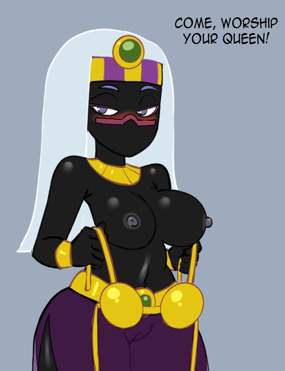 1girls, 2d, big breasts, black skin, black-skinned female, blush, bra, breasts, darkeros13, dialogue, duck dodgers, eyebrows, eyelashes, female, looking at viewer, looney tunes, navel, nipples, princess, purple eyes, queen, queen tyr'ahnee, skirt, solo, solo female, solo focus, text, thick thighs, thighs, warner brothers, wide hips