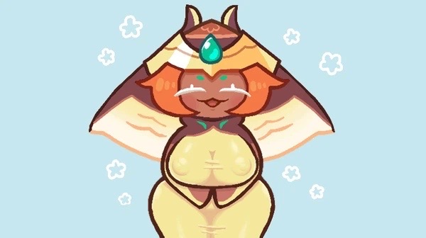 big breasts, breasts, closed eyes, cookie run, cookie run ovenbreak, female, mocha ray cookie, nipples visible through clothing, open mouth, orange hair, pangotime, tagme