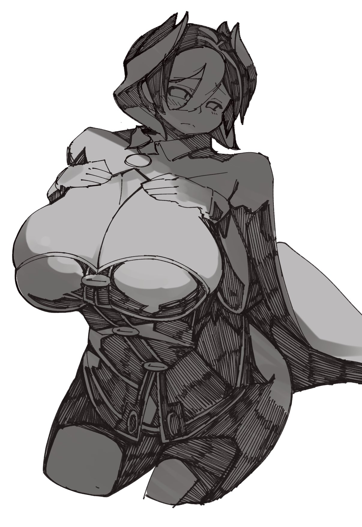 big breasts, blush, breasts, cleavage, embarrassed, female, female only, huge breasts, kingofbandit156, looking at viewer, made in abyss, monochrome, ozen, short hair, shy, sketch, solo, two-tone hair