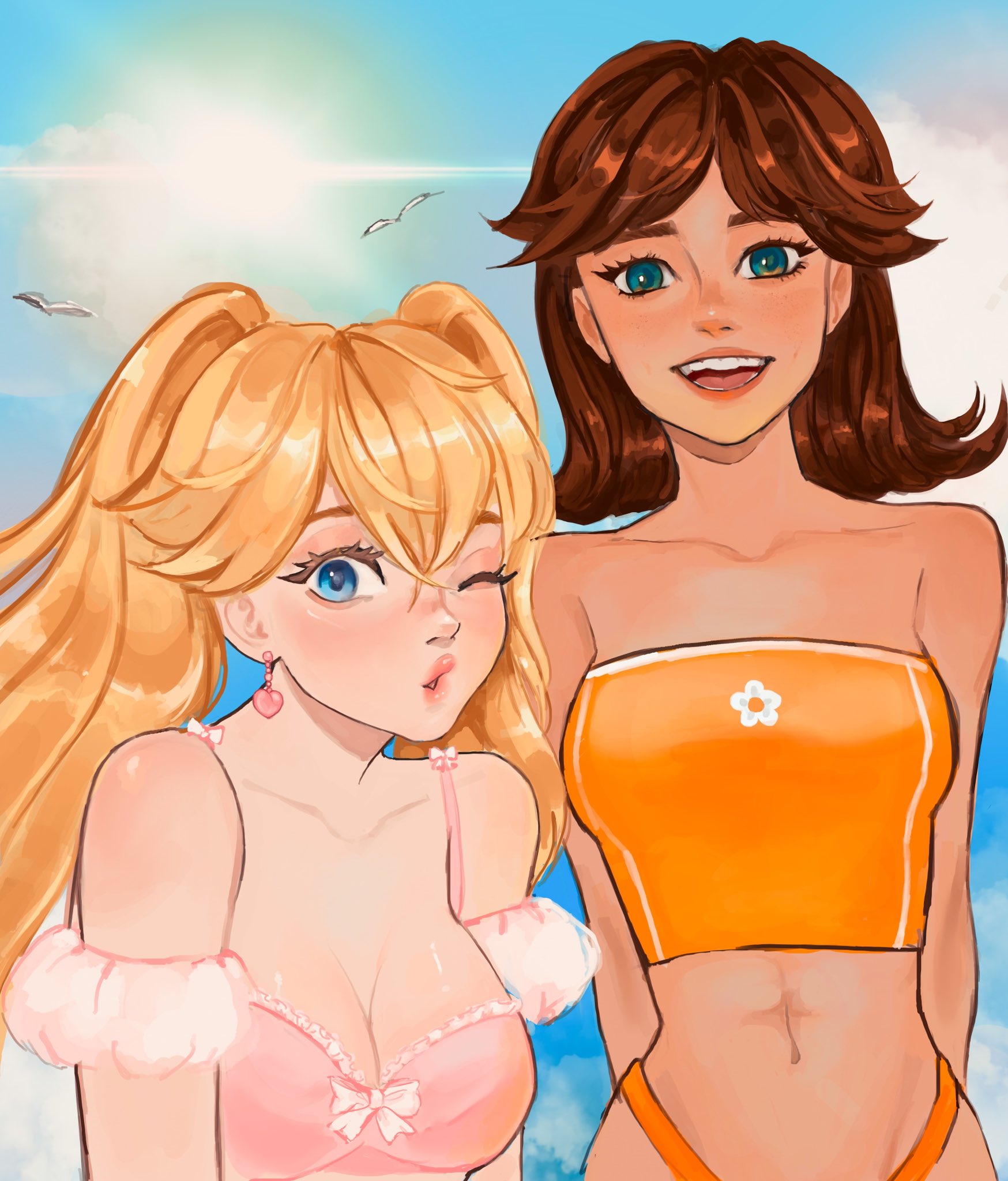 2girls, alternate breast size, arms behind back, artist request, big breasts, bikini, blonde hair, blowing kiss, blue eyes, breasts, brown hair, busty, cleavage, cute, female, female only, highleg, highleg bikini, large breasts, long hair, looking at viewer, mario (series), multiple females, multiple girls, navel, nintendo, one eye closed, pink lips, princess daisy, princess peach, short hair, smile, source request, swimsuit, twintails, wink
