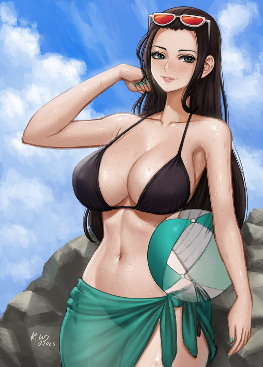 1girls ball beachball big_breasts bikini black_bikini black_hair breasts busty cleavage female female_only green_eyes kyopink large_breasts long_hair looking_back navel nico_robin one_piece parted_lips pink_lips post-timeskip sarong sensual smile solo sunglasses_on_head sweat swimsuit voluptuous