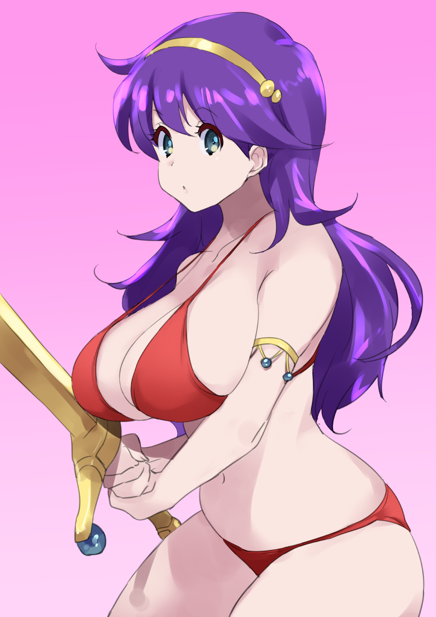 1girls athena_(series) big_breasts bikini blue_eyes breasts busty cleavage highres large_breasts legs long_hair looking_at_viewer navel princess princess_athena purple_hair red_bikini snk solo swimsuit sword thighs voluptuous weapon