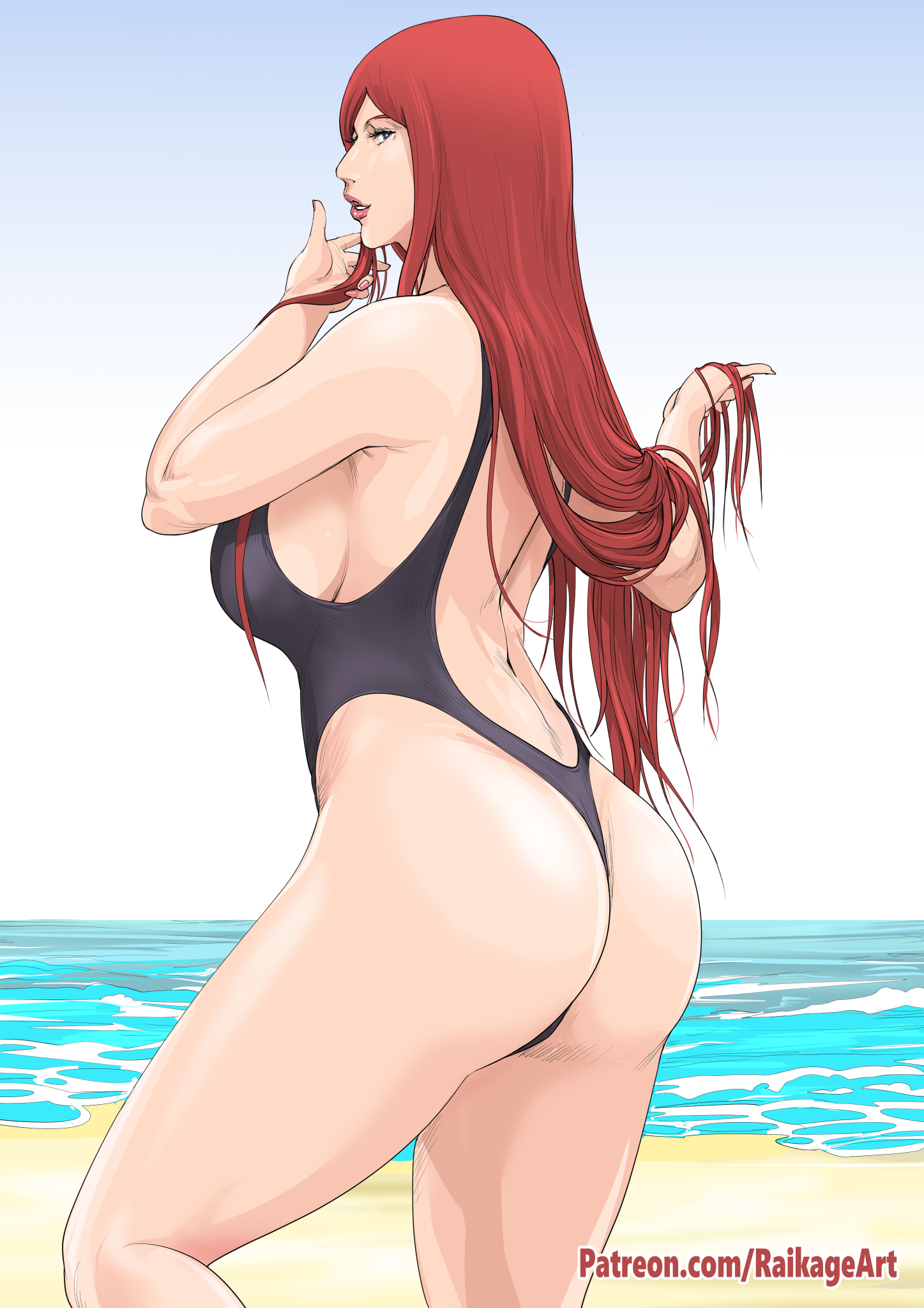 1girls, bare arms, bare legs, black swimsuit, breasts, female, female focus, female only, light skin, light-skinned female, long hair, milf, naruto, naruto (series), naruto shippuden, one-piece swimsuit, pale skin, pale-skinned female, raikage art, red hair, sideboob, standing, swimsuit, uzumaki kushina, voluptuous, voluptuous female