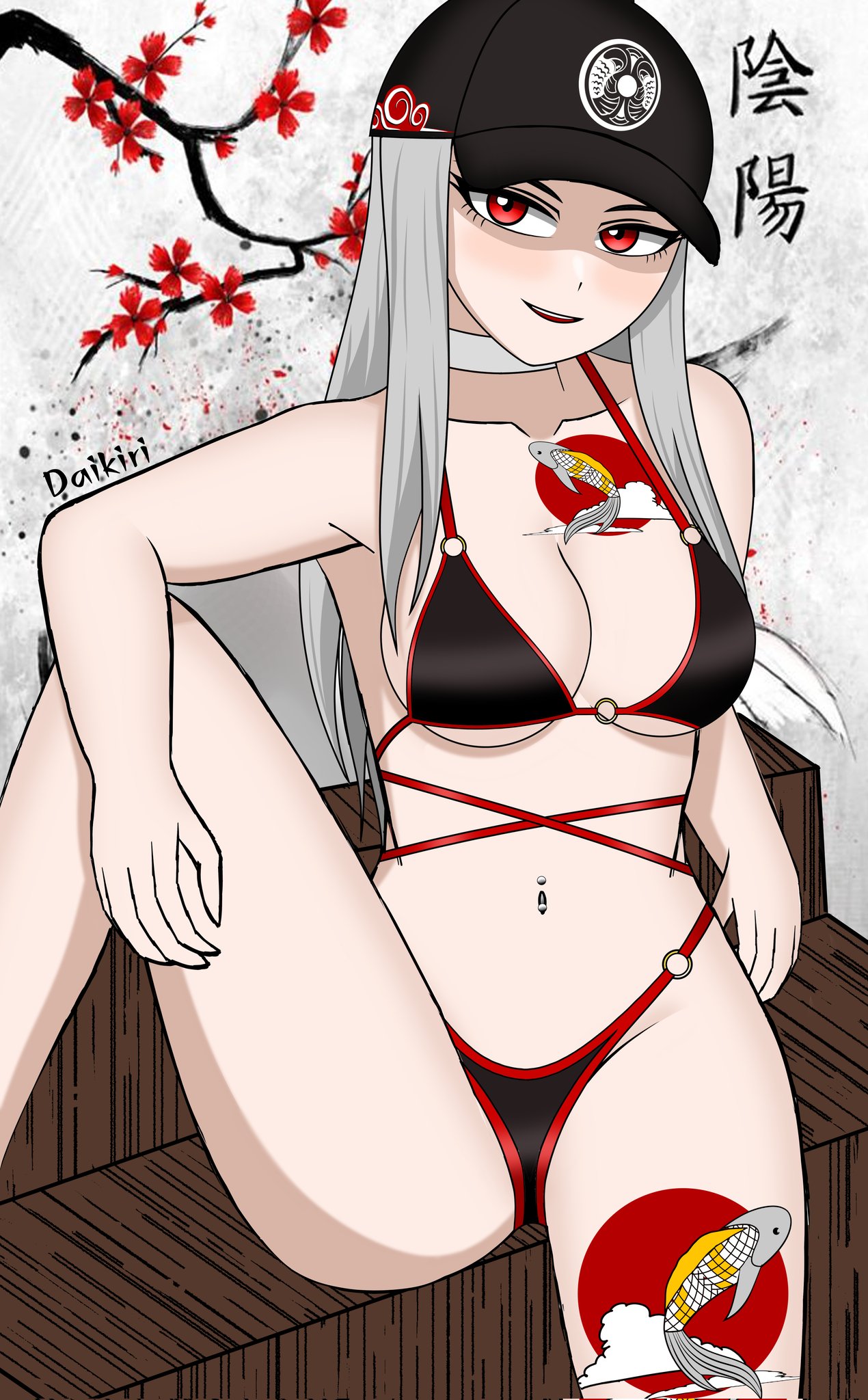 1girls belly_piercing bikini black_bikini breasts cap chigusa_(fortnite) choker daikiri_di_mon fortnite fortnite:_battle_royale gray_hair koi_agent_chigusa_(fortnite) leg_up red_eyes sitting tattoo tattoos