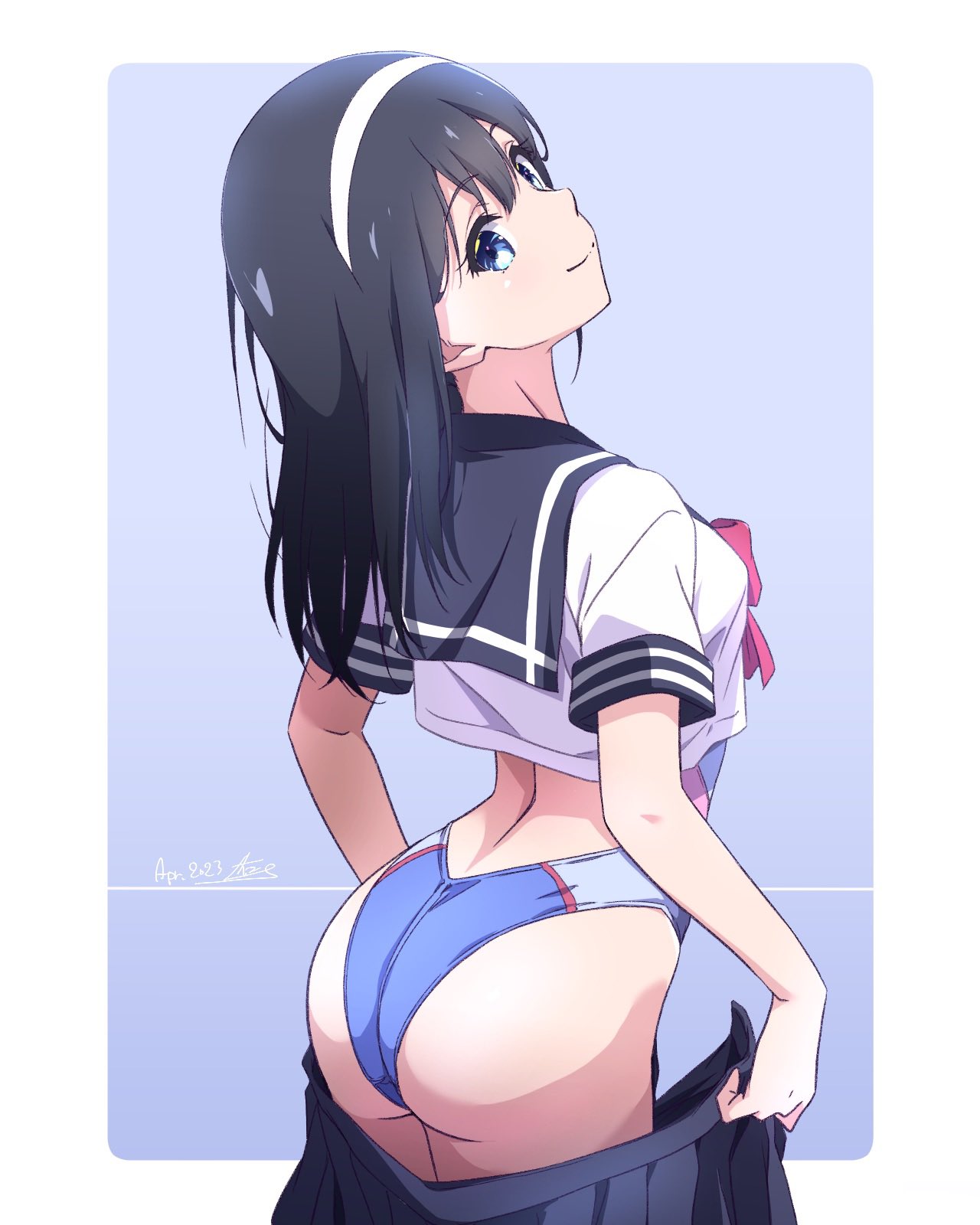 1girls, ass, big ass, black hair, blue background, blue eyes, blue sky, border, commentary, competition swimsuit, dated, female, female only, from behind, head tilt, headband, highres, looking at viewer, looking back, monai-chan (nii manabu), nii manabu, one-piece swimsuit, original, school uniform, shirt, signature, sky, solo, swimsuit, thighs, undressing, white border, white headband, white shirt