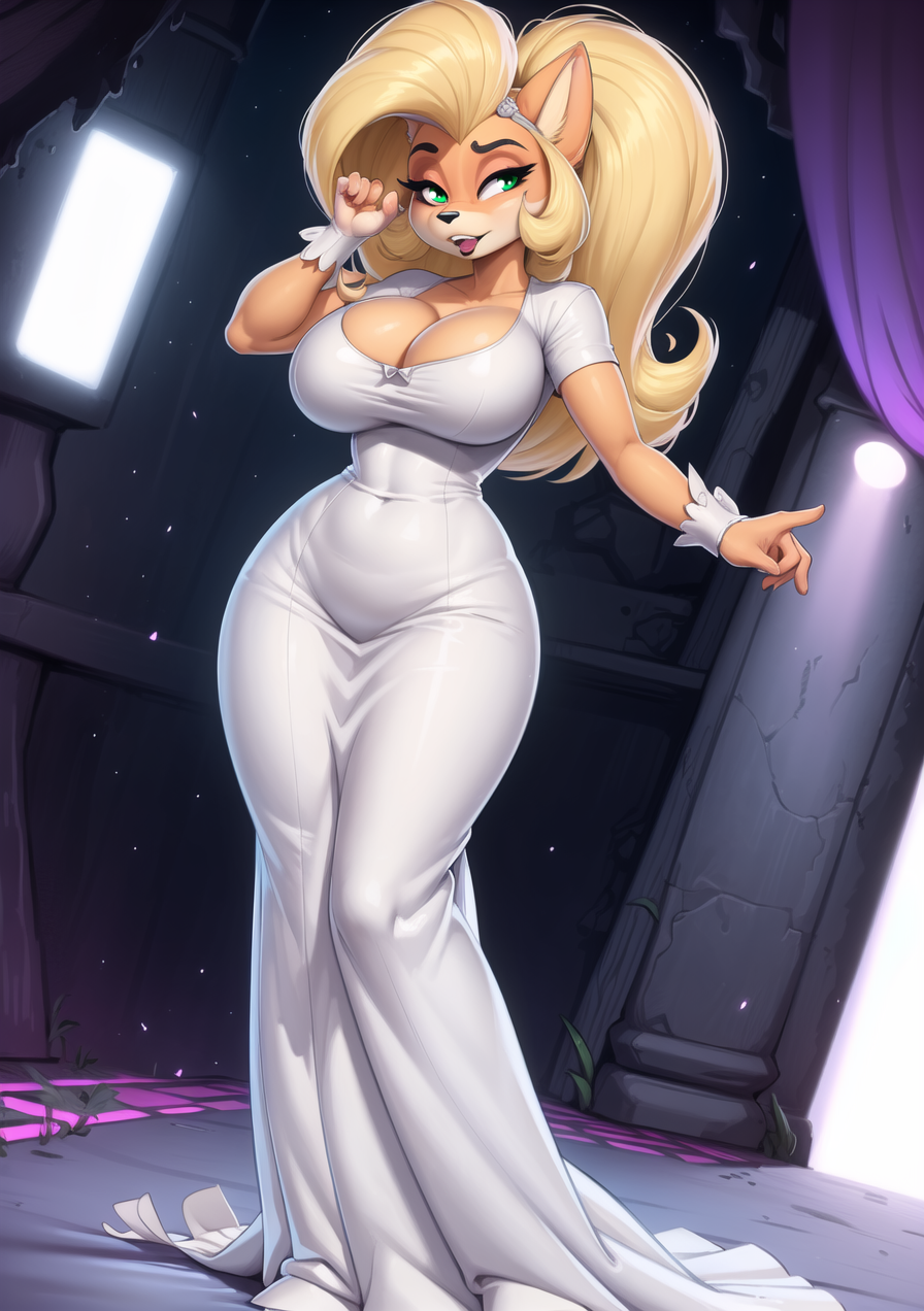 1girls, ai generated, anthro, big breasts, blonde hair, breasts, busty, coco bandicoot, crash (series), dress, female, female only, furry, green eyes, large breasts, legs, smile, solo, thighs, voluptuous