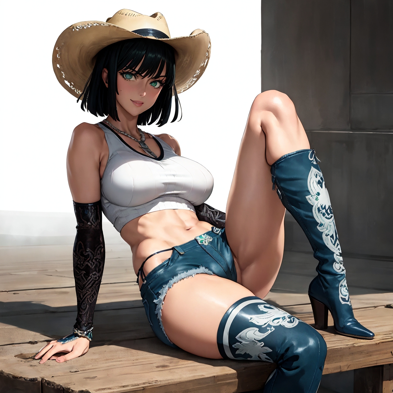 1girls, ai generated, boots, breasts, female, female focus, female only, fubuki (one-punch man), green hair, high heel boots, high heels, huge breasts, one-punch man, shoes, solo female, stable diffusion, voluptuous, voluptuous female