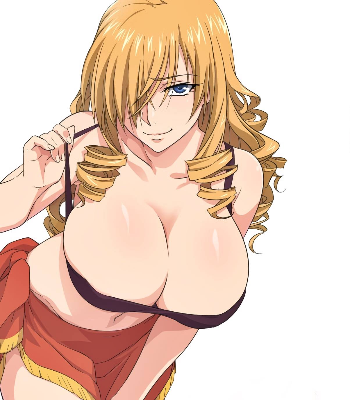 1girls, big breasts, blonde hair, blue eyes, breasts, busty, clothes pull, drill hair, female, female only, hair over one eye, hand on leg, hand on own leg, hand on own thigh, hand on thigh, large breasts, leaning forward, long hair, mature, mature female, midriff, navel, oriana thompson, pose, posing, sarong, sensual, smile, strapless, tank top, teasing, to aru majutsu no index, top pull