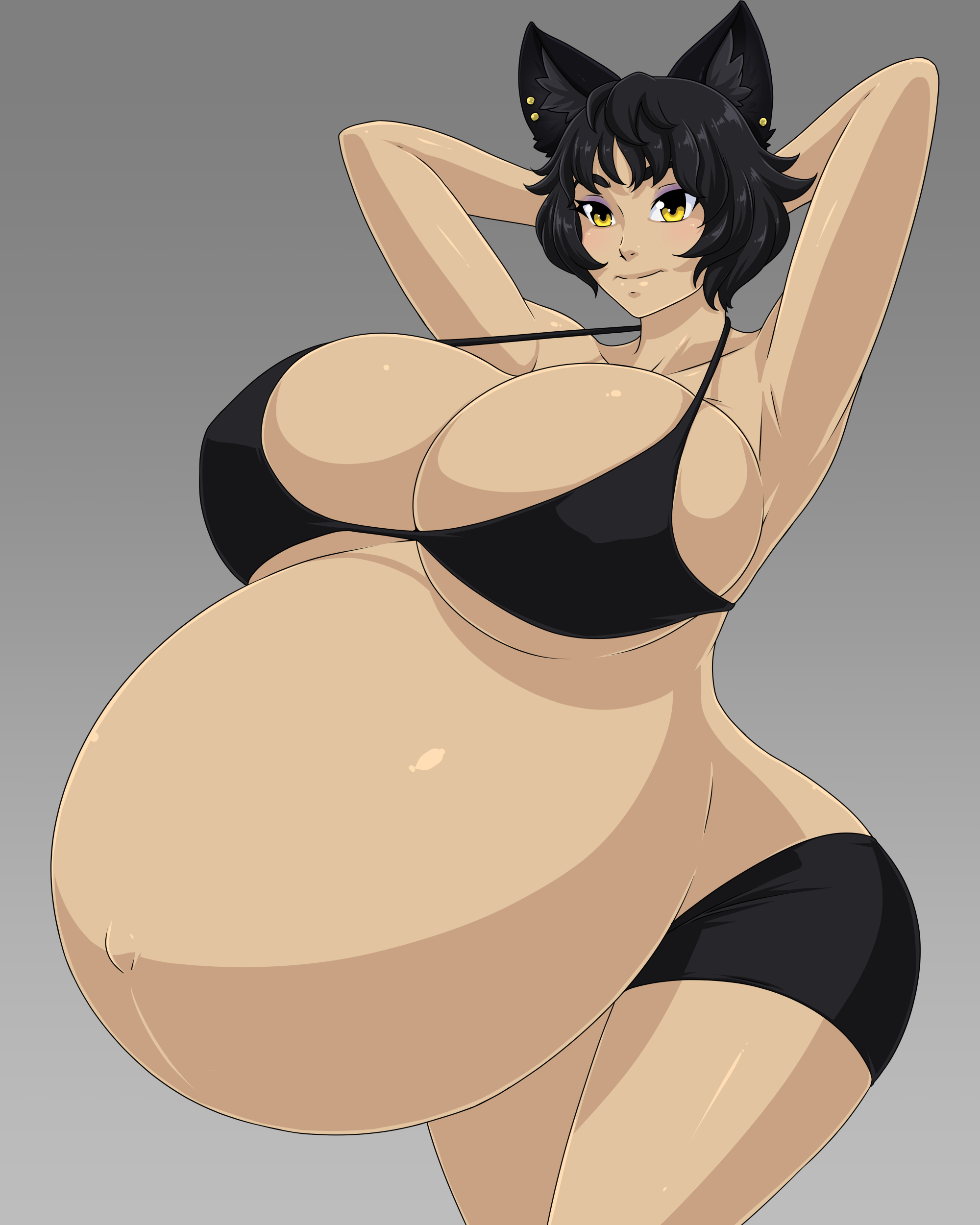 1girls, arms behind head, black hair, breasts, cat ears, faunus, female, huge breasts, kali belladonna, milf, pregnant, ready to pop, rooster teeth, rwby, thick thighs, wide hips, yellow eyes, zdemian